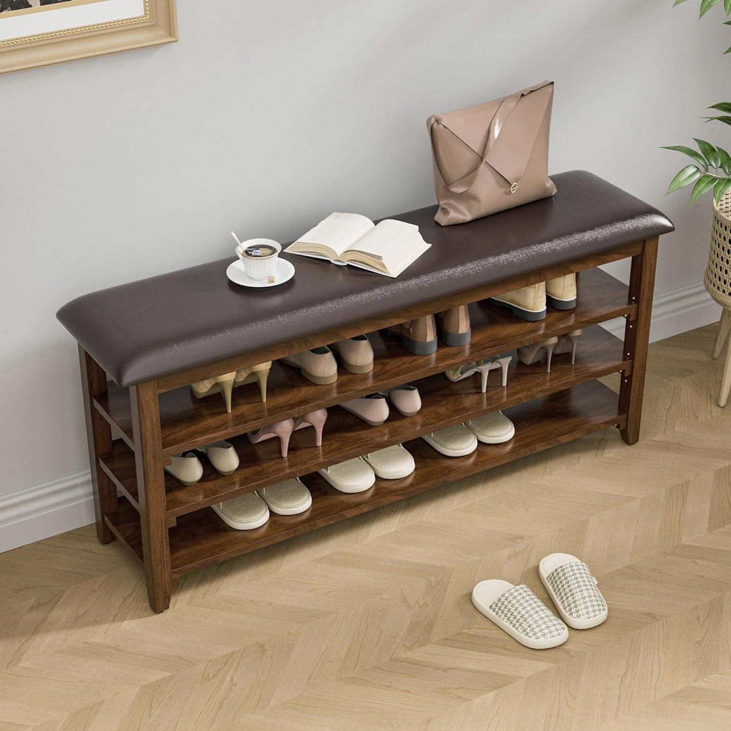 Wooden Shoe Bench Storage with Leather Cushion, Rustic Solid Wood Entryway Bench with 3-Tiers Height Adjustable, Shoe Rack Front Doors Entrances for Hallway Living Room,Mudrooms (Brown,47.2")
