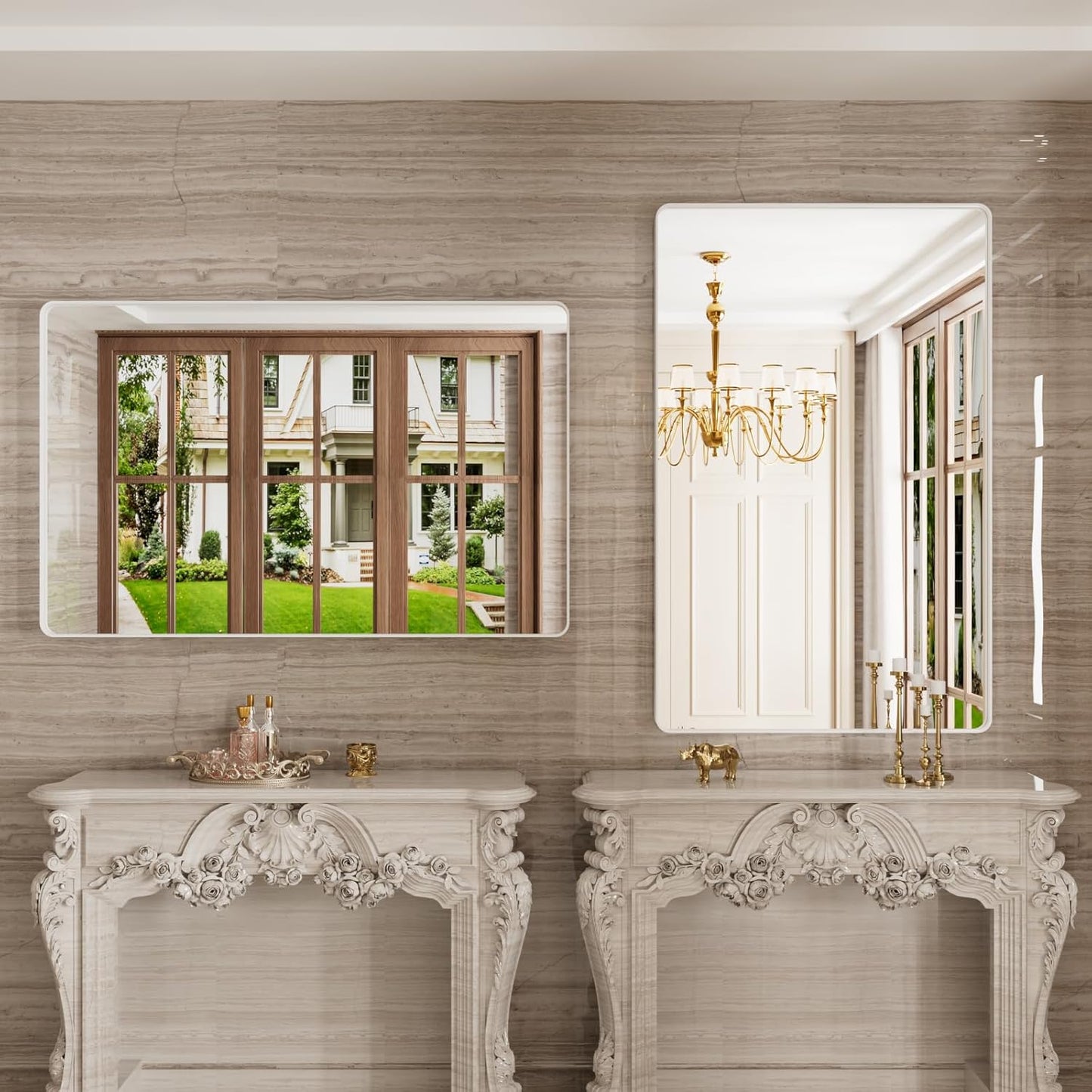 White Bathroom Mirror 48x30 Inch, White Metal Framed Bathroom Mirror for Wall, Rounded Rectangle Matte Bathroom Vanity Mirror, Tempered Glass, Anti-Rust, Horizontal/Vertical