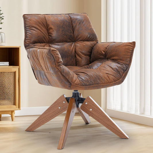 Mid Century Accent Chair, Hot Stamping Cloth Desk Chair no Wheel, Modern Cozy Vanity Chair Advanced & Wear-Resistant with Amrest, Wood Legs for Living Room, Reading Room, Bedroom, Brown
