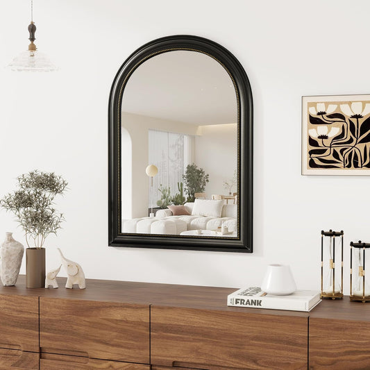 Axeman 22x30 Arched Wall Mirror, Decorative Bathroom Mirror, Traditional Vintage Wall Mounted Mirror with Beaded Frame for Accent Living Room Vanity Bedroom Entryway, Black