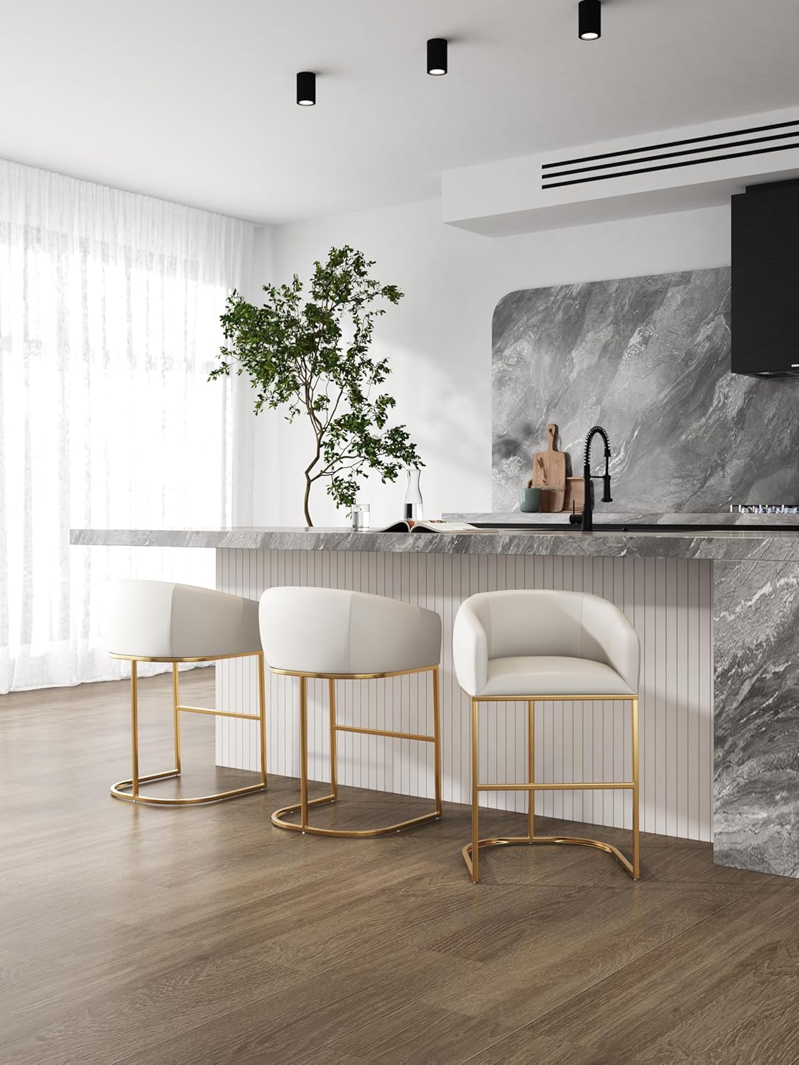 Manhattan Comfort Louvre 26 Inch Mid Century Modern Counter Height Bar Stools - Elegant Faux Leather Padded Seat, Stainless Steel Base with Footrest, Fully Assembled Barstools, Set of 1, Cream