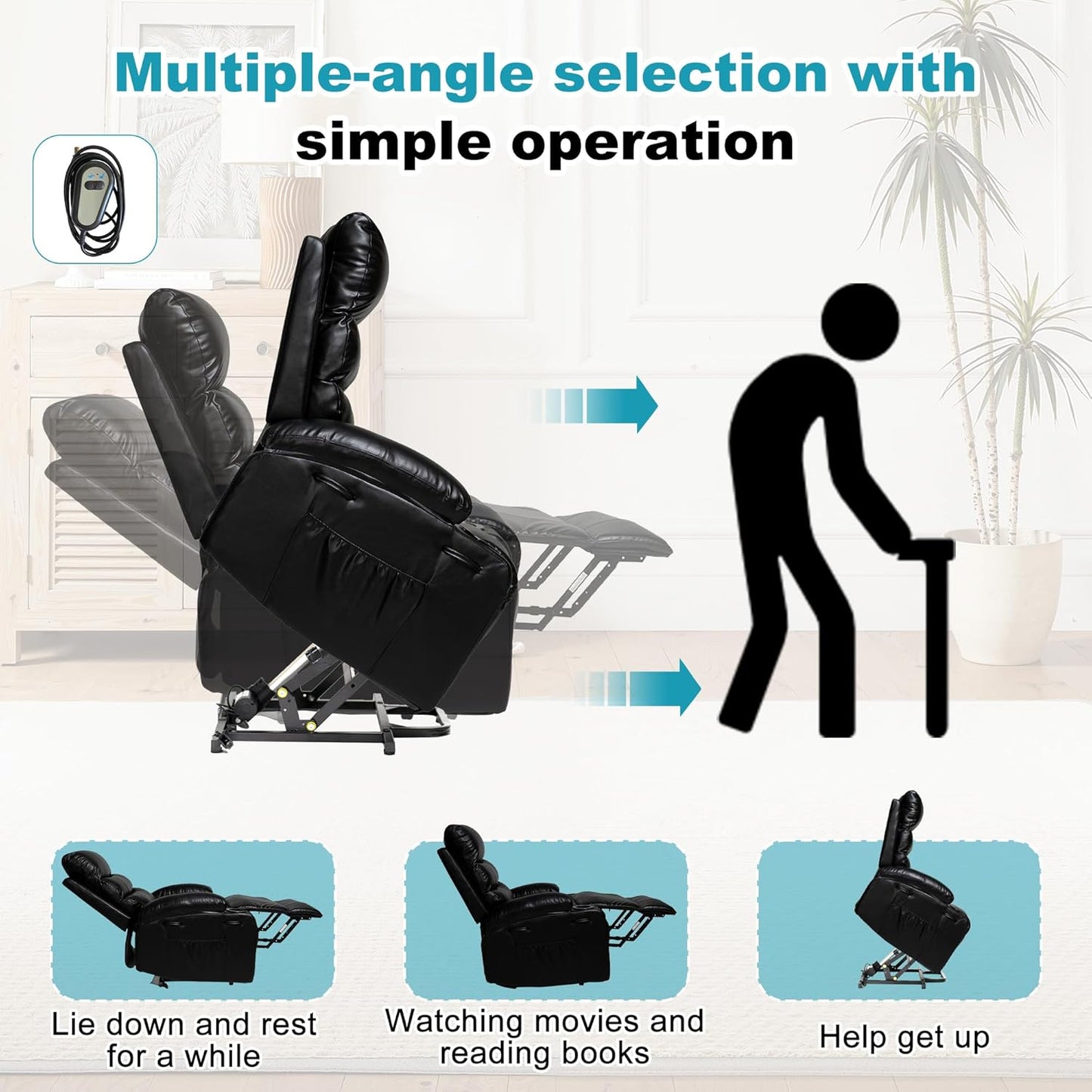 Recliner Chair Power Lift Massage Chair Full Body 21" Large Size Electric Recliner with 8 Point Vibration Massage and Lumber Heat, Remote Control, Side Pockets and Cup Holders, Black