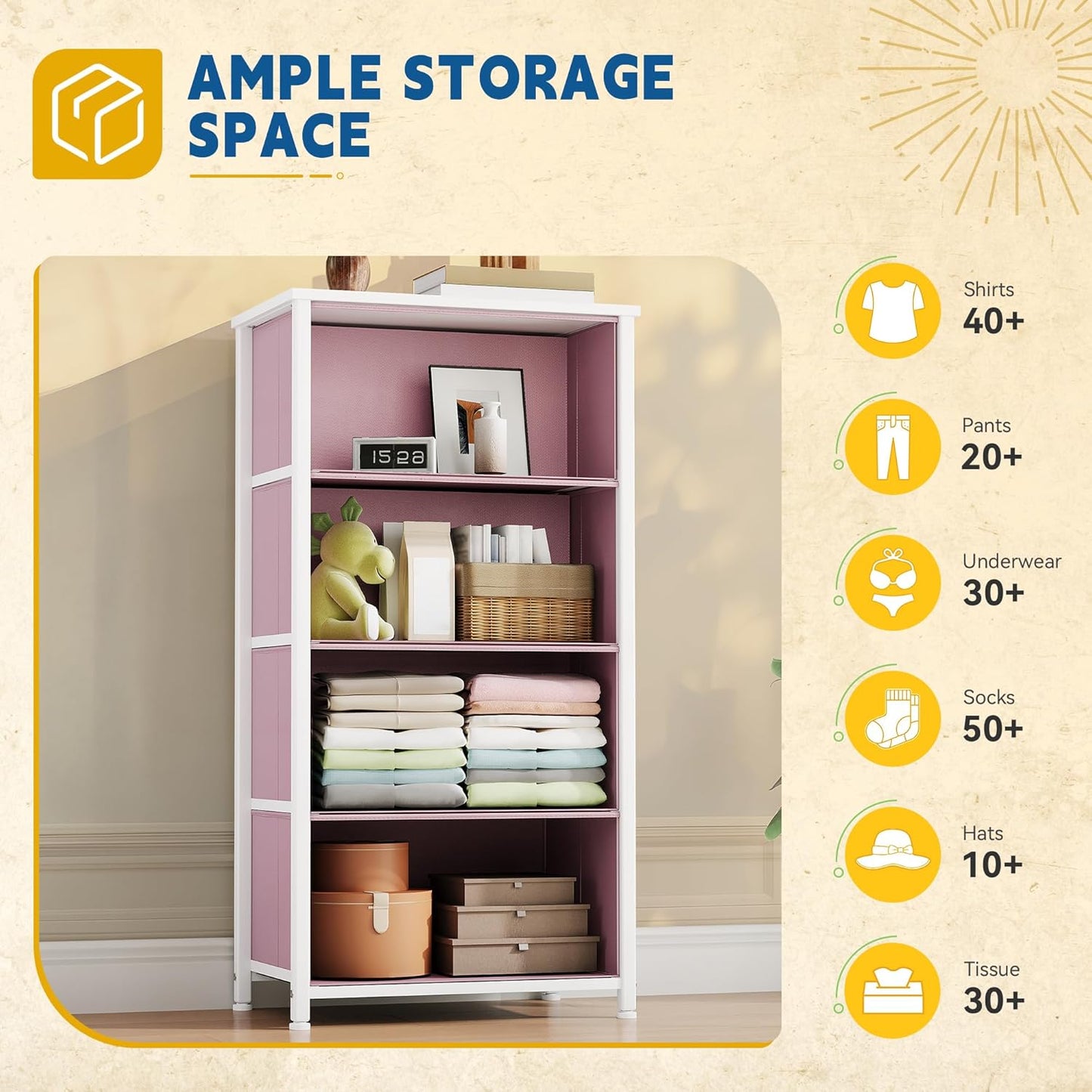 DWVO Storage Drawer with 4 Drawers - Fabric Dressers, Dresser for Bedroom, Living Room, Closets - Sturdy Steel Frame, Wooden Top & Easy Pull Fabric Bins