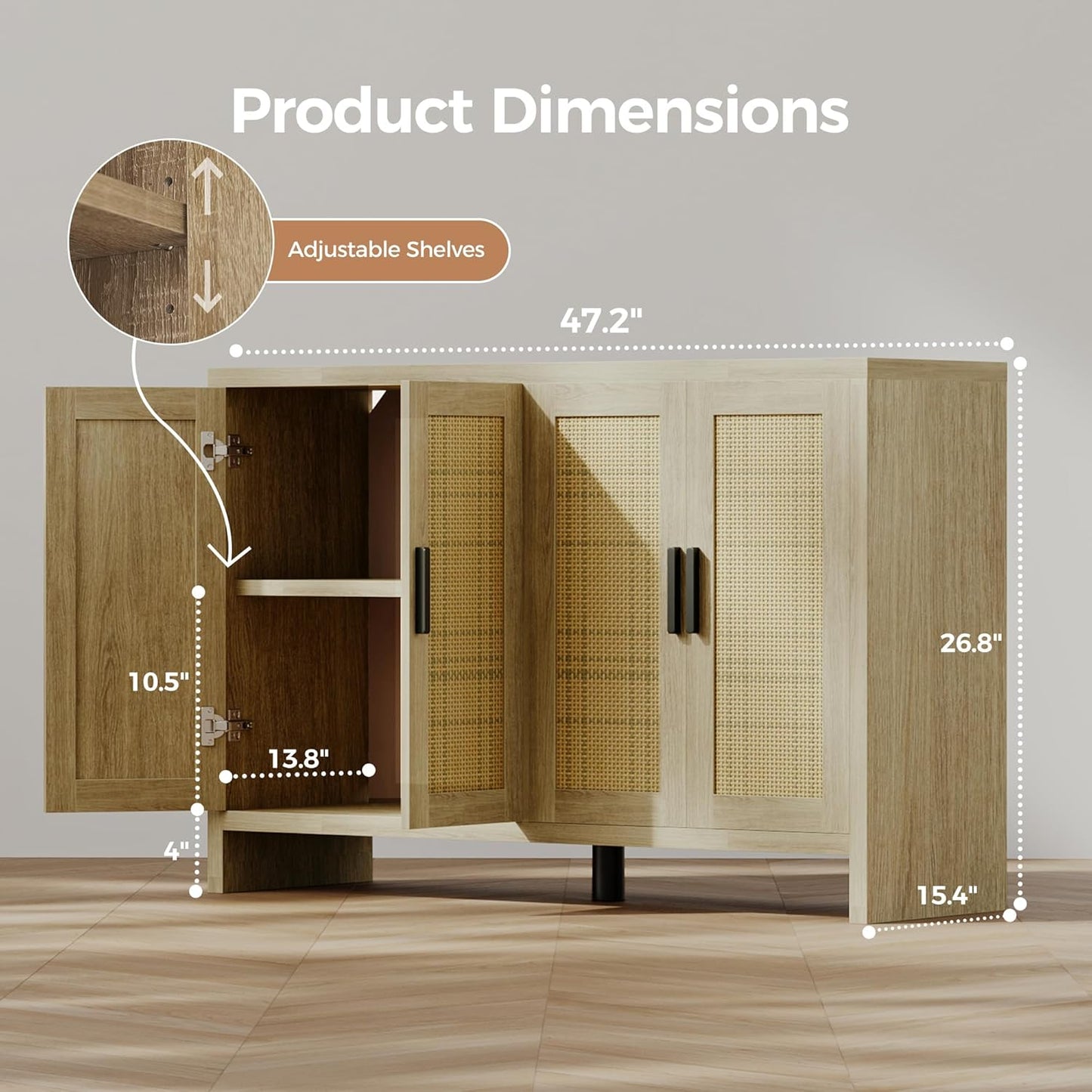 Rattan Buffet Cabinet with Storage, Sideboard with Doors, TV Stand, Farmhouse Side Board Coffee Bar, Modern Wood Storage Cabinets for Livingroom, Kitchen and Dining Room (Oak)