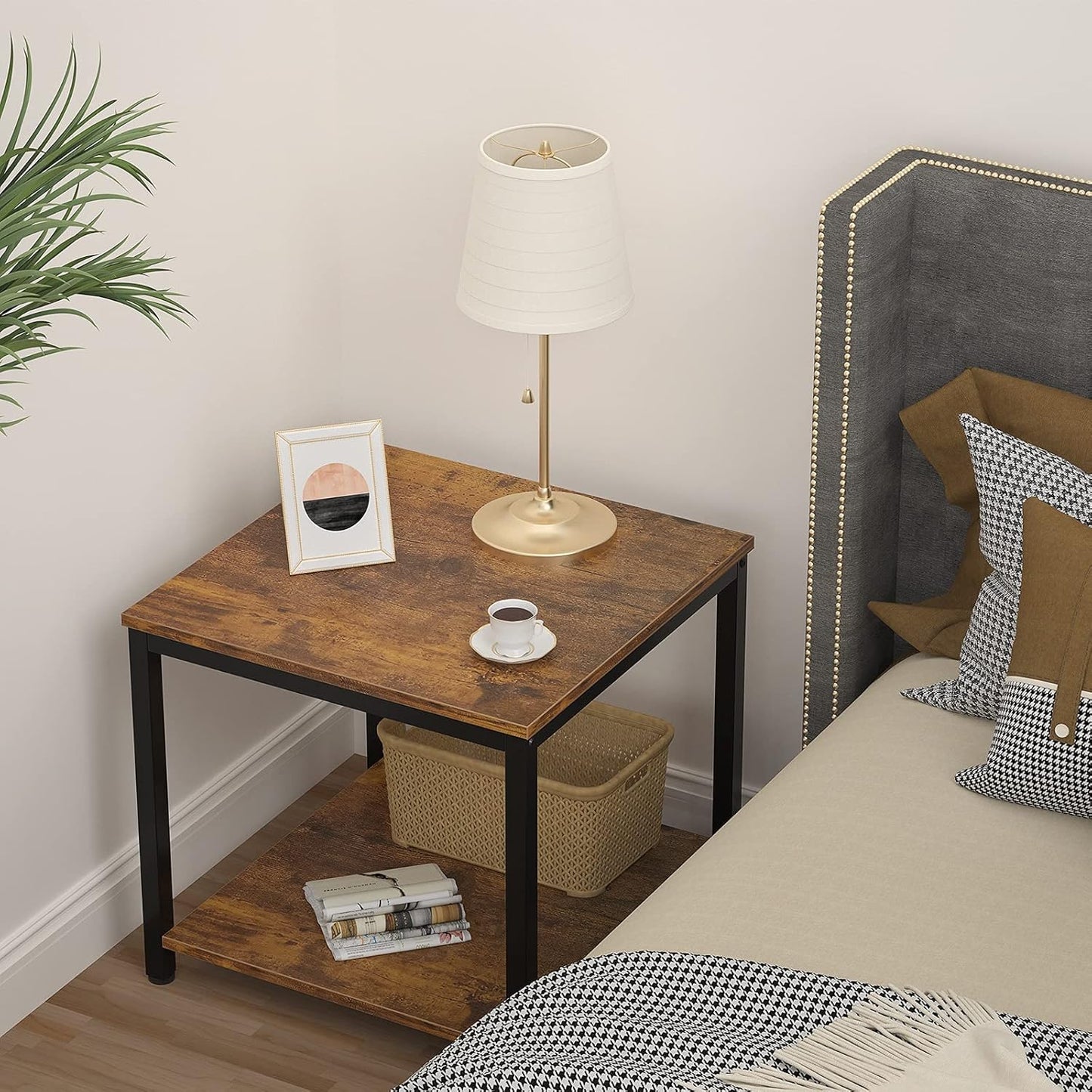 Homieasy Side Table 20 Inch Square, 2-Tier Coffee Tea End Table Nightstands for Sofa Couch Bed, Metal Wood Accent Modern Simple Industrial Style Side Table for Living Room Bedroom, Rustic Brown