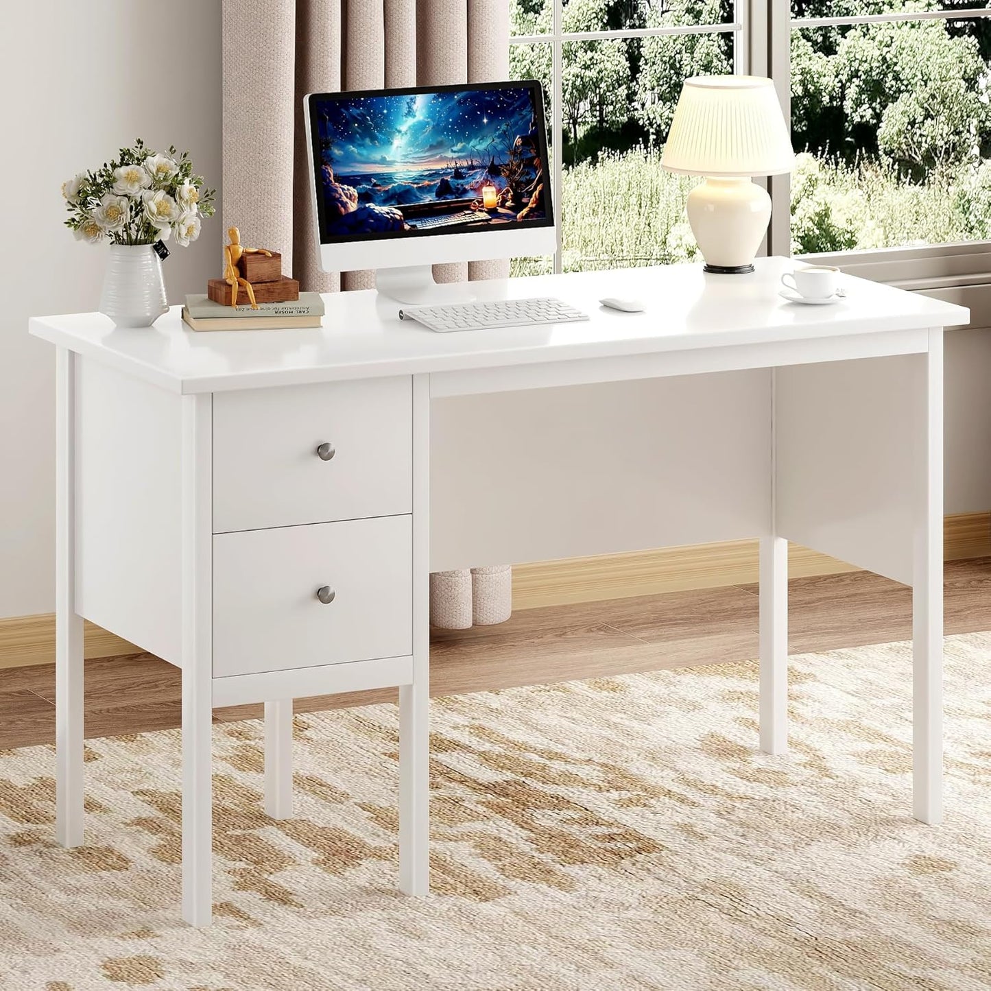 BHG Computer Desk with Drawers,Modern White Home Office Desk with Storage Filing Cabinet, Vanity Desk Makeup Dressing Table for Bedroom,Small Writing Table PC Desks for Study(White, 43.3")