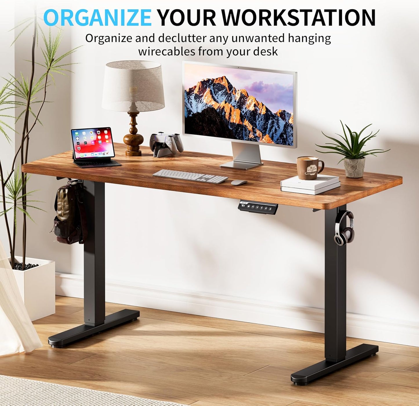 Electric Standing Desk, 55x24 inches Height Adjustable Desk, Sit to Stand Desks Memory Gaming Computer Workstation for Home Office, Light Rustic Brown