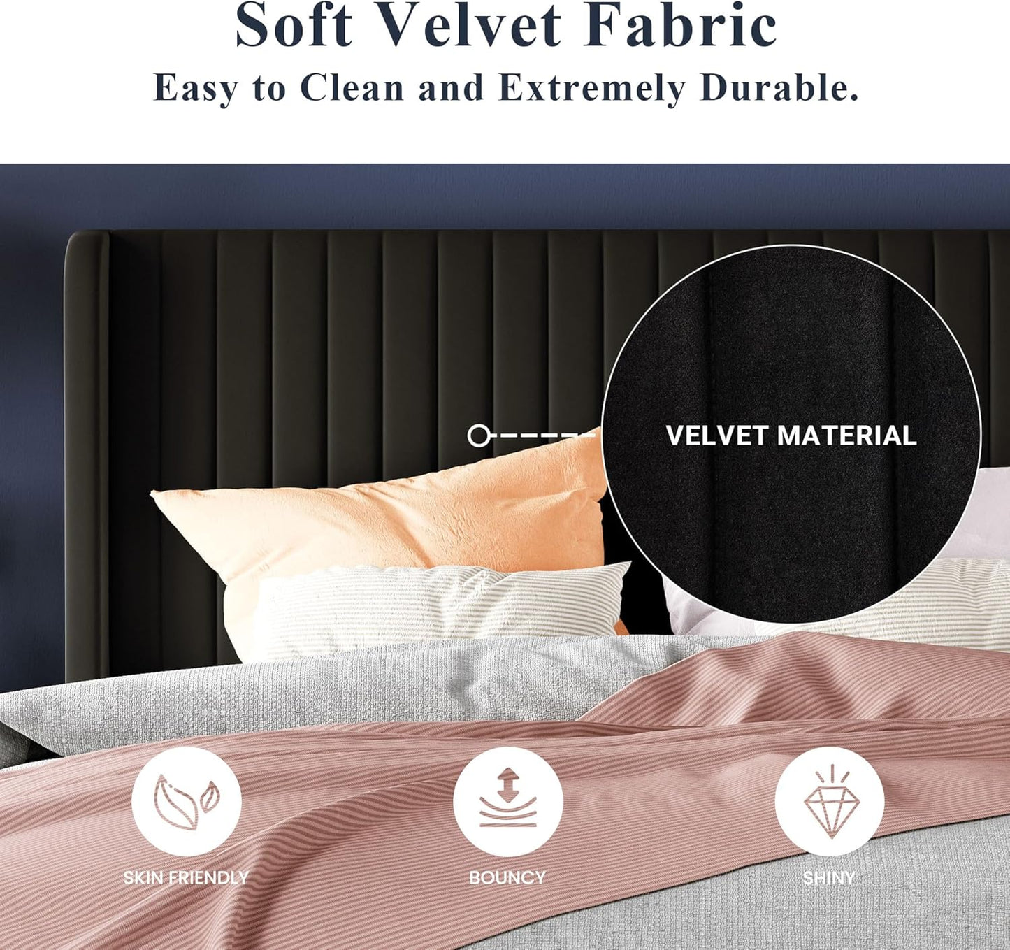 Allewie King Size Velvet Bed Frame/Vertical Channel Tufted Wingback Headboard/Upholstered Platform Bed/Strong Wooden Slats/No Box Spring Needed/Easy Assembly/Black