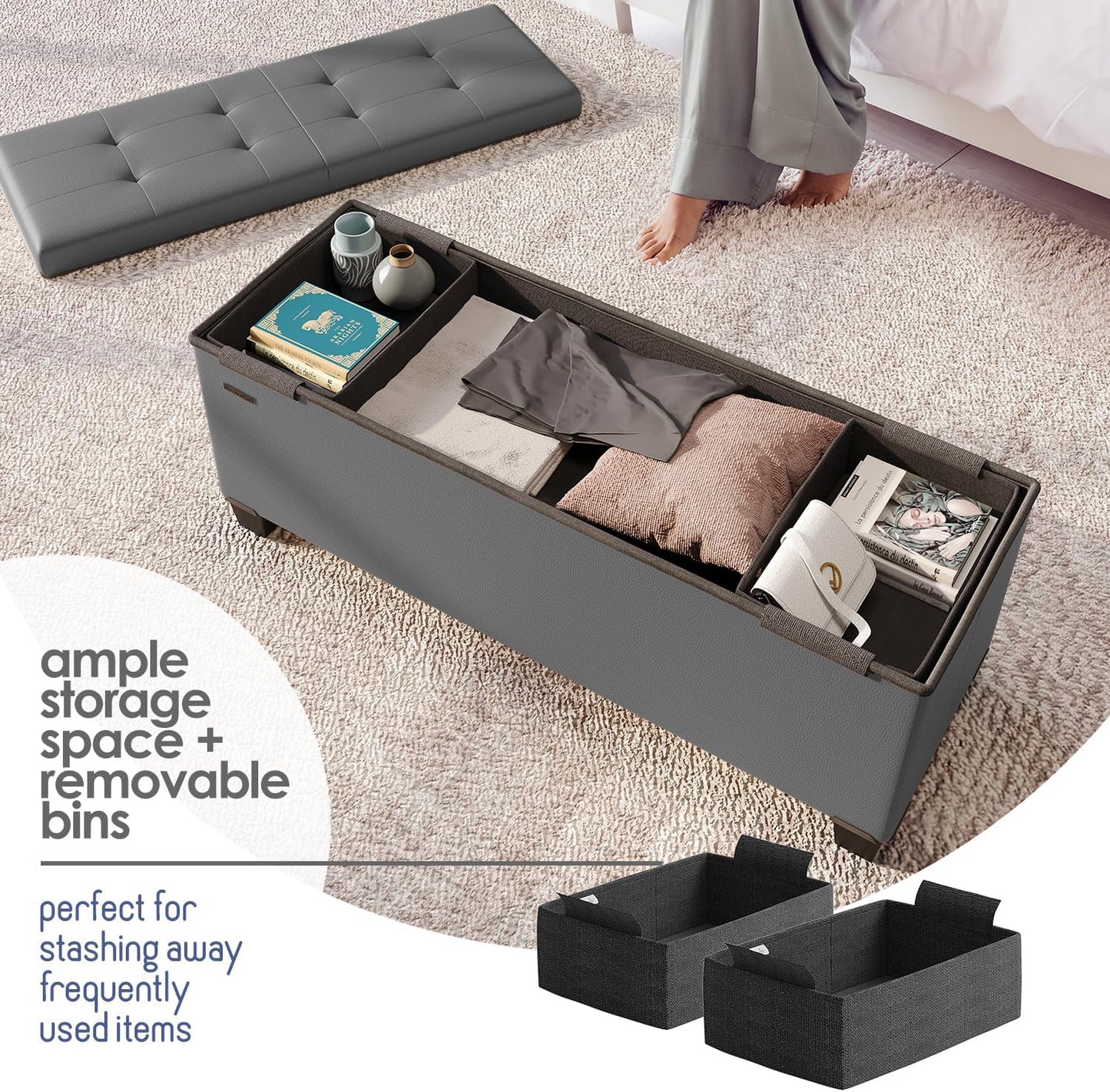 STORAGEBUD Storage Ottoman Bench with Bins, 43-in Storage Bench for Bedroom End of Bed, Folding Foot Rest Ottoman for Living Room Max 660lbs, Faux Leather Ottomans, Grey