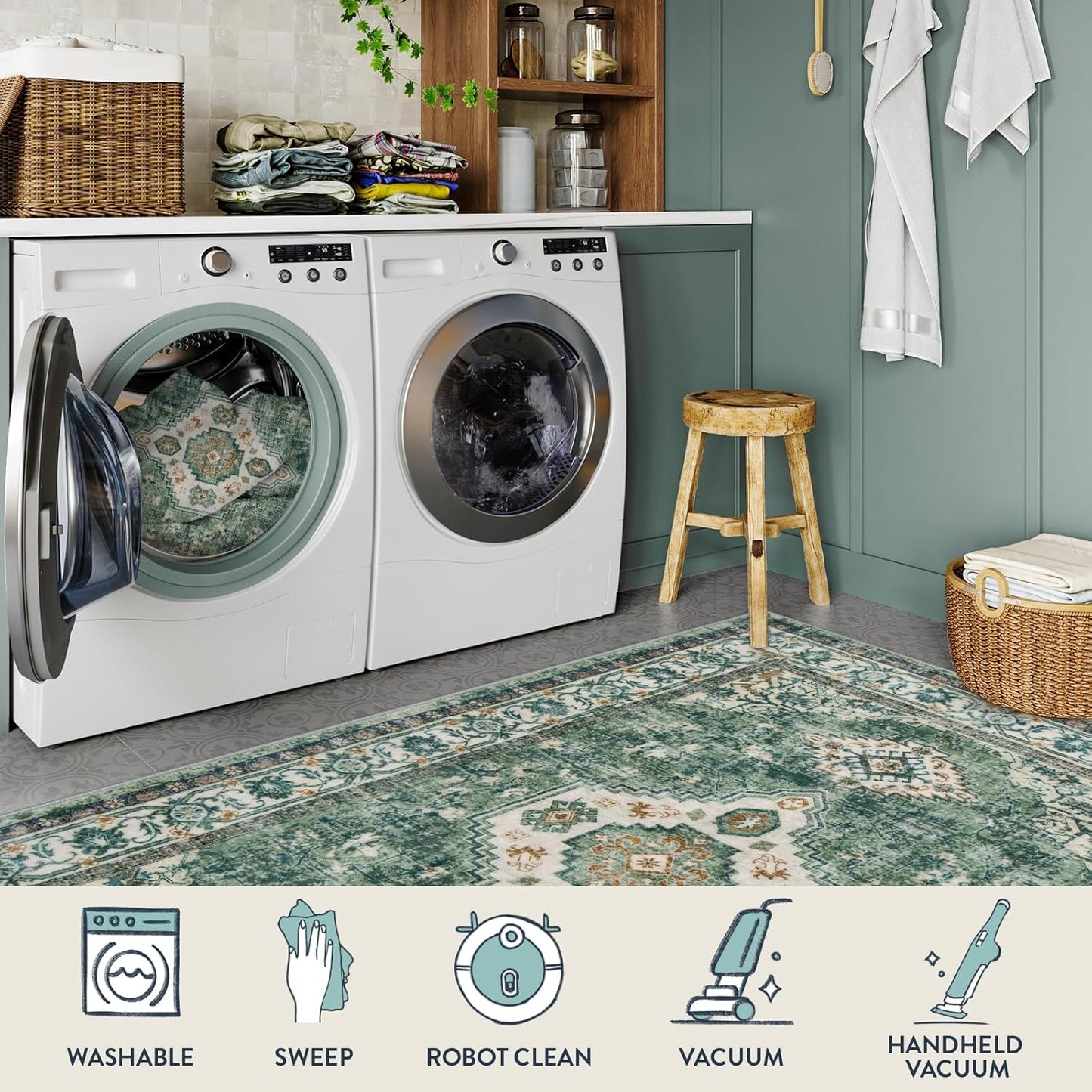 Lahome Oriental Machine Washable Rug, 3x5 Soft Green Rugs for Entryway Dorm, Non Slip Distressed Vintage Throw Carpet for Bedroom Living Room Entrance, Green/Multi