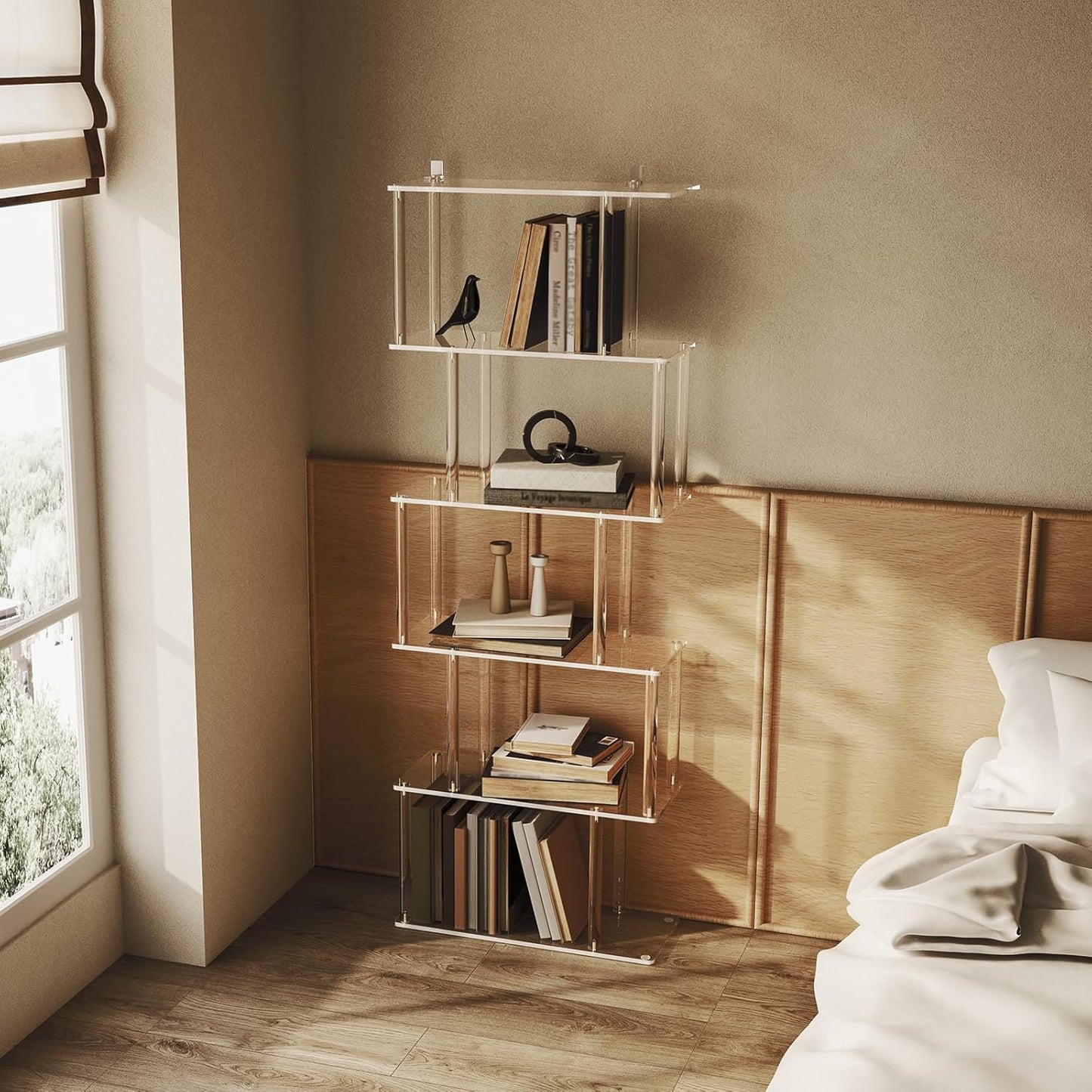 Acrylic Geometric Bookshelf, 6-Tier Clear Bookcase, S Shaped Bookshelf, Modern Display Book Shelf for Living Room, Bedroom, Office, 9.3" D x 22.4" W x 61.46" H, Easy Assembly