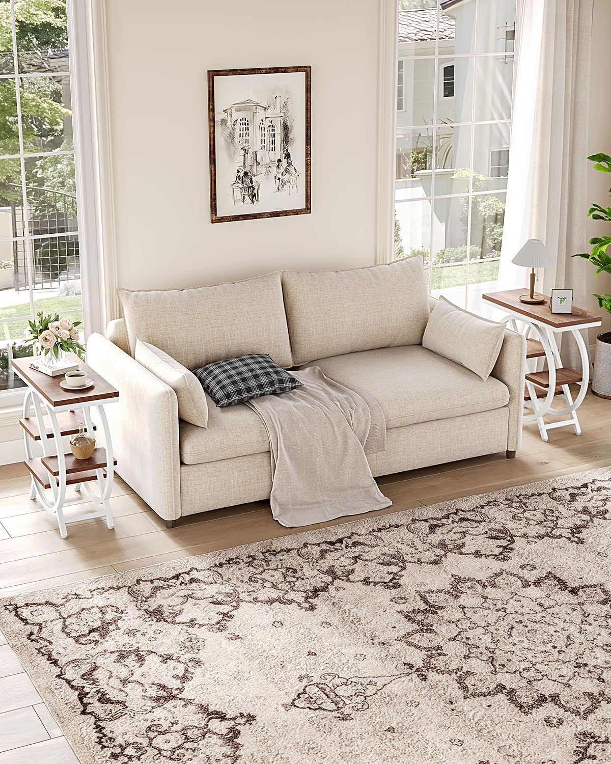 LITTLE TREE End Table, Narrow Side Table with 4-Tier Large Storage Space, Modern Bedside Table for Living Room, Home Office, Bedroom, Brown and White