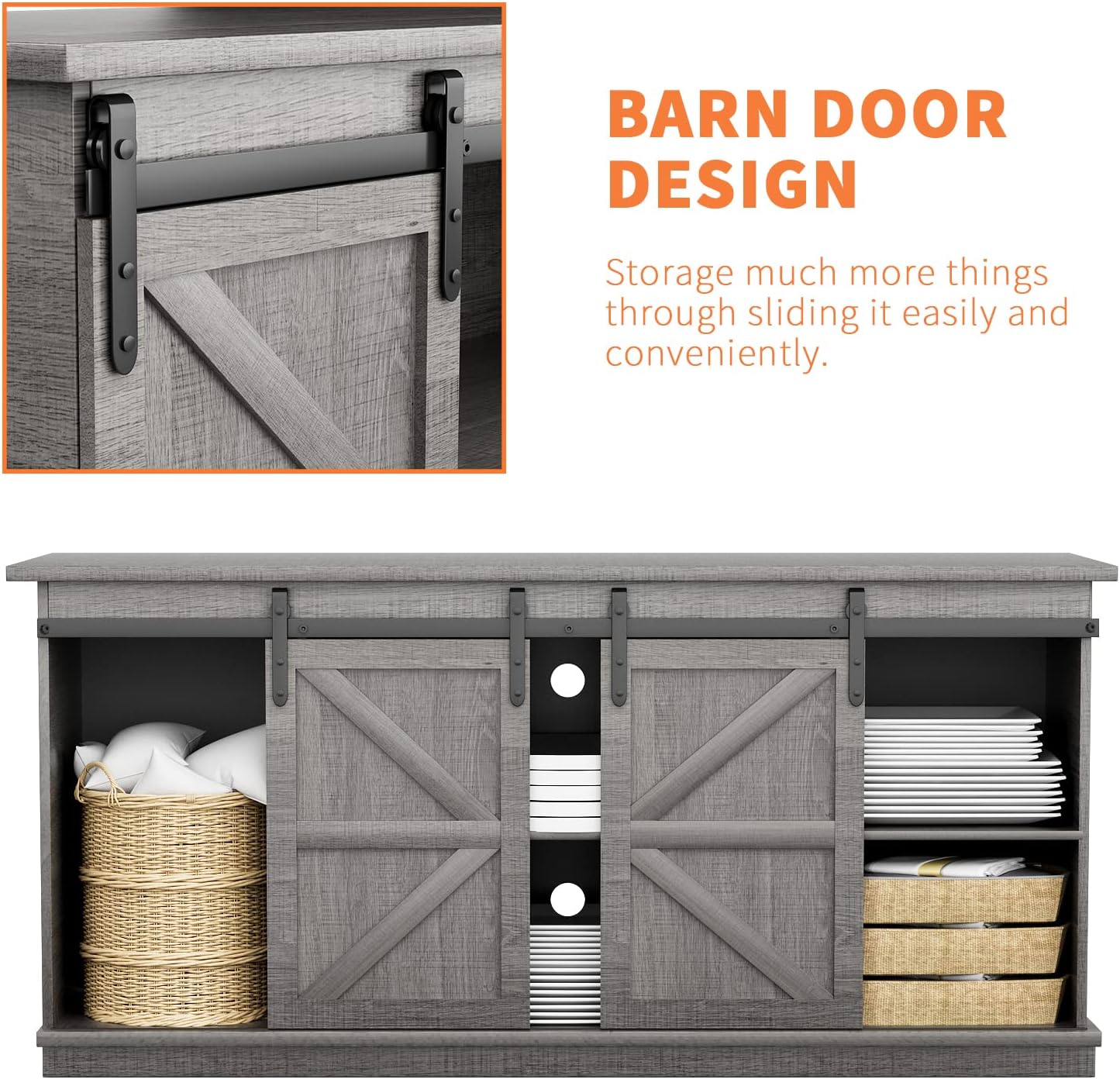 YESHOMY TV Stand for Televisions up to 65 Inches, with Sliding Barn Doors and Storage Cabinets, Console Table and Media Furniture for Living Room, 58 Inch, Gray