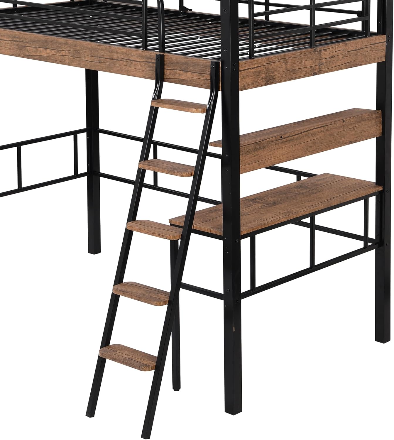 Metal Twin Size Loft Bed with Built-in Desk,Storage Shelf and Ladder,Full-Length Guardrails and Secured Metal Slats, High LoftBed W/Large Storage Space for Kids Teens Adults Bedroom,Black