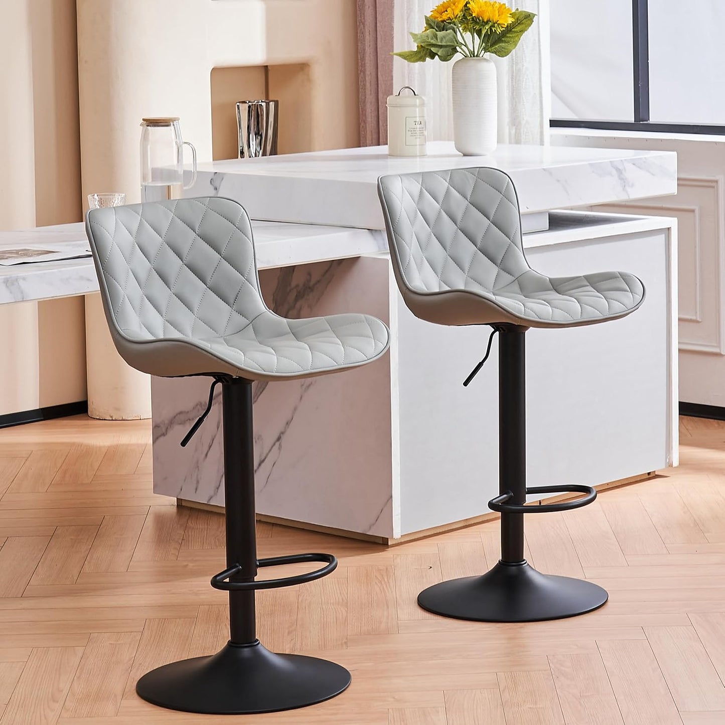 YOUNUOKE Bar Stools Set of 2 Faux Leather Barstools with Back Modern Swivel Counter Height Stools Adjustable Tall Bar Chairs for Kitchen Islands, Lattice Grey