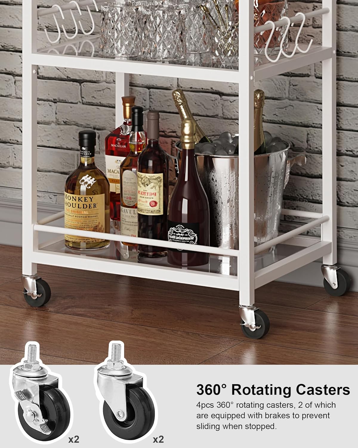 TUTOTAK Bar Cart, Home Bar Serving Cart with 3-Tier Mirrored Shelf, Mobile Kitchen Shelf, Rolling Beverage Cart, White BC01BW034