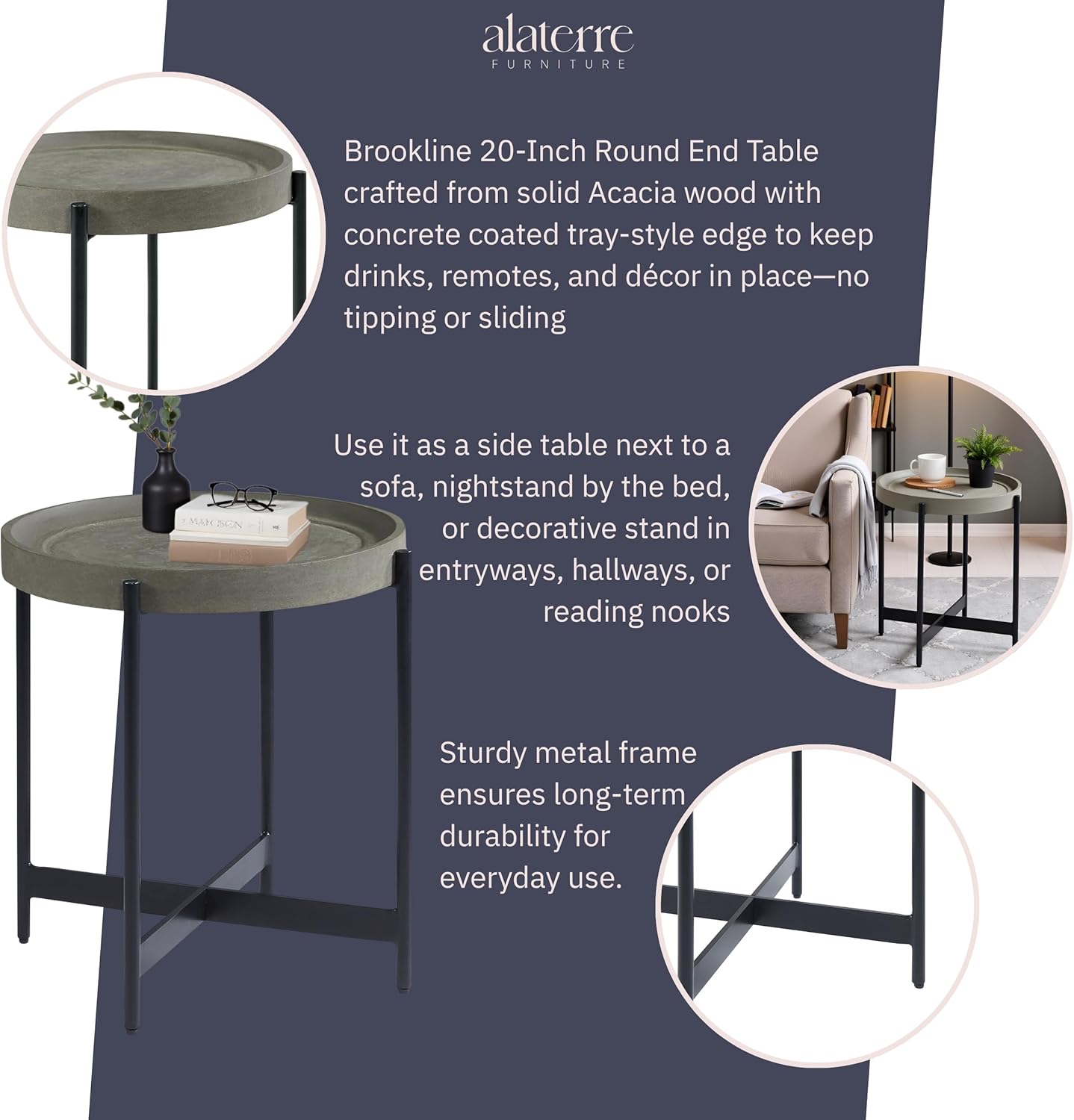 Alaterre Furniture Brookline 20-Inch Round Wood End Table with Concrete Coating and Powder-Coated Iron Legs – Tray Style Top Home Accent for Living Room, Bedroom or Office (Gray)