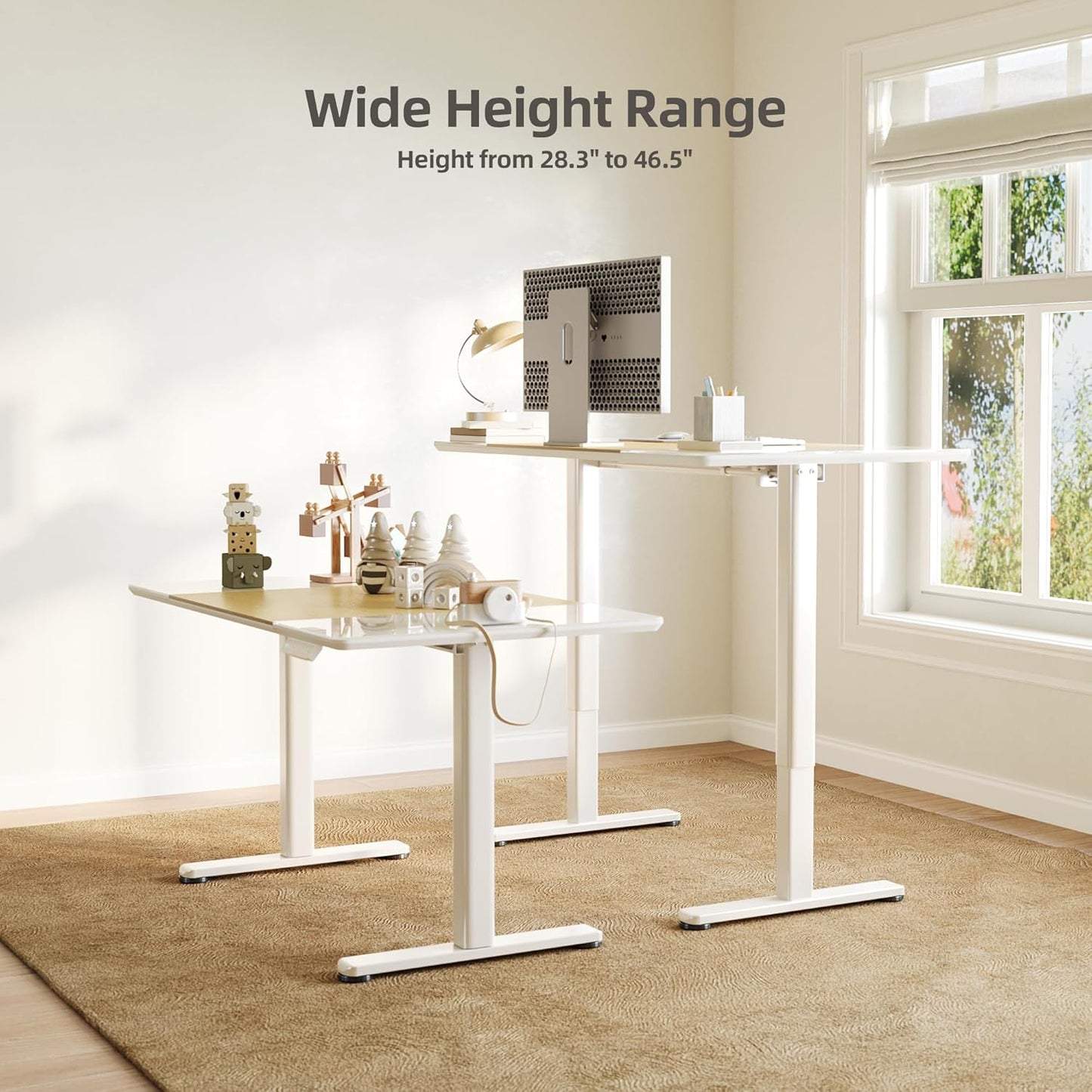 INNOVAR Glass Standing Desk, 48 x 24 Inches Height-Adjustable Desk, Tempered Glass and Wooden Top, Quick Install Home Office Stand Up Desk with 4 Presets, White Glass and Natural Wood