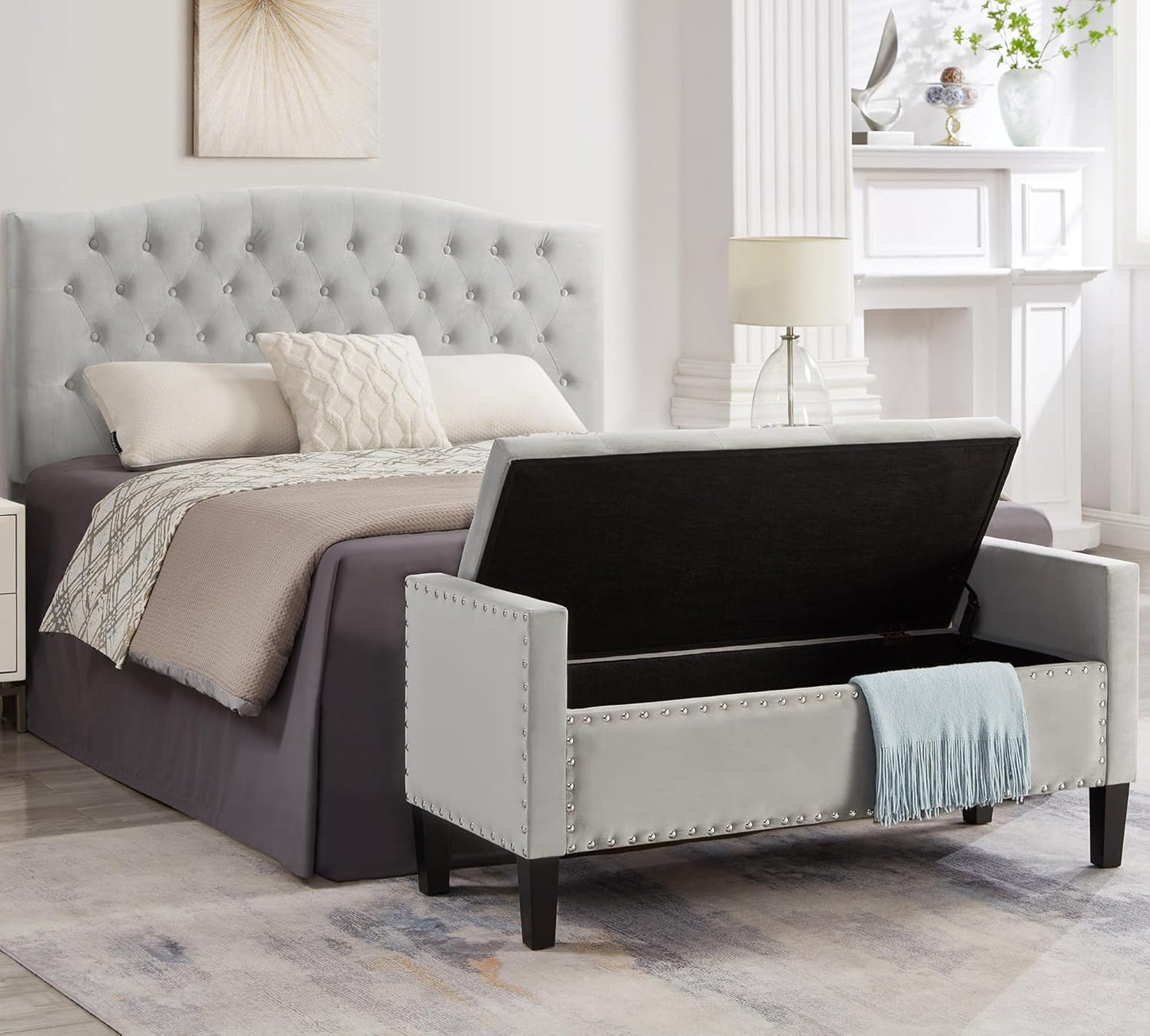 Velvet Storage Ottoman with Armrests and Nails Trim,Entryway Living Room Soft Padded Seat,Bed Bench Bedroom End of Bed,Gray(48”L X 18.5” W X 22” H)