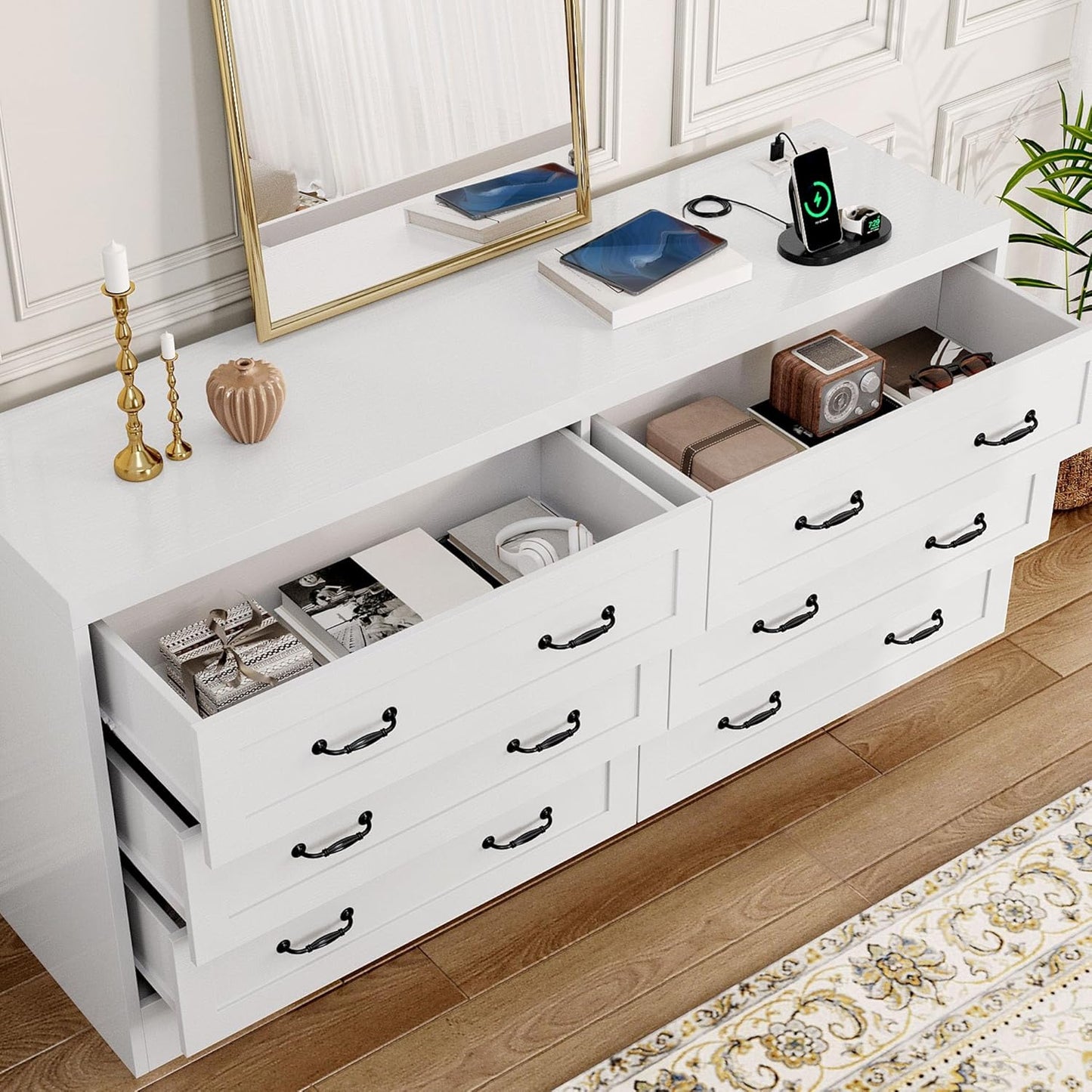 YITAHOME White Drawers TV Stand for 65 inches with Power Outlets -Chest of Drawers Dresser with Side Organizer Bag Entertainment Center TV Console, White