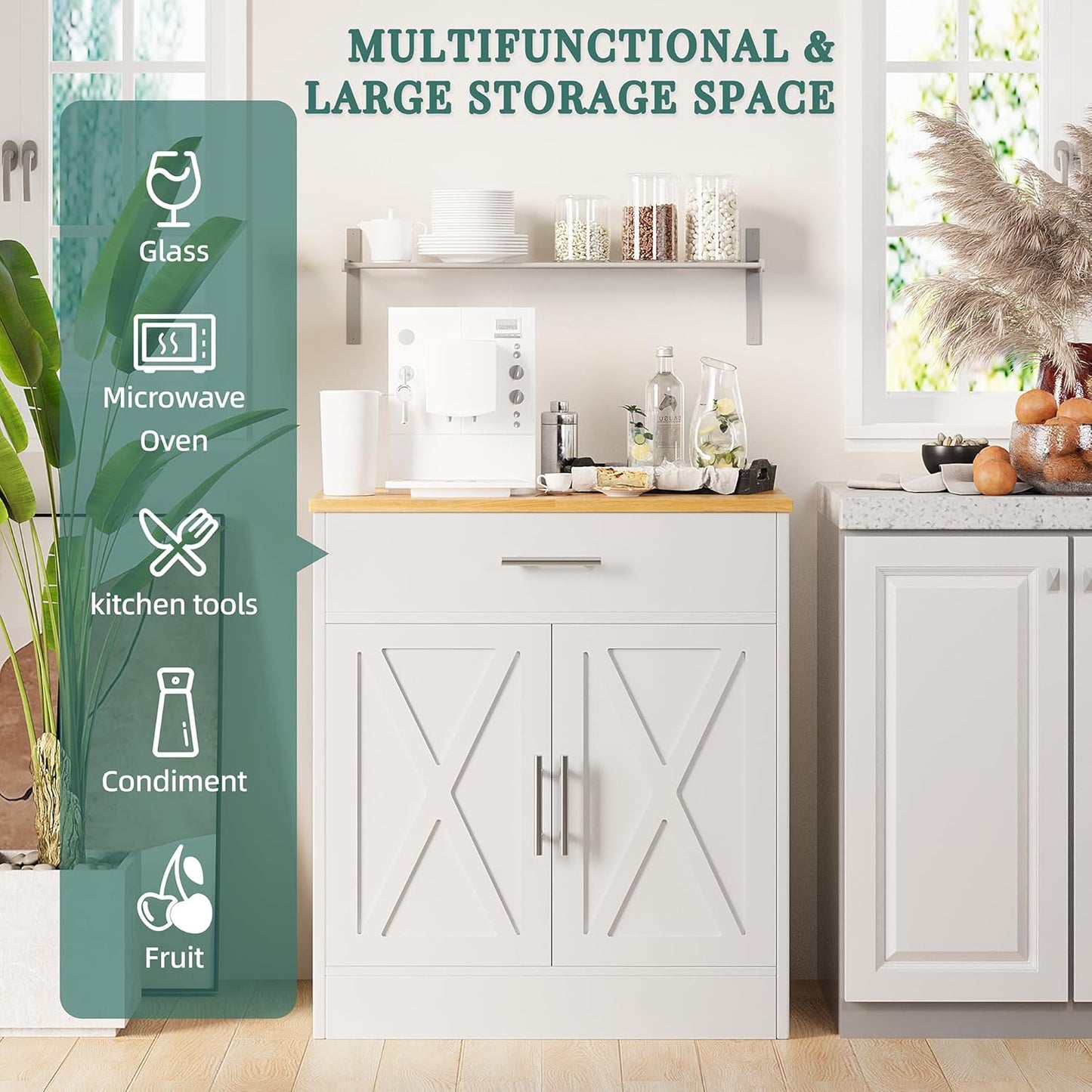 Shintenchi Farmhouse Storage Cabinets with Doors and Shelves,Kitchen Barn Door Storage Cabinet with Drawers,Coffee Bar Cabinet Buffest Sideboard for Dining Room,Bathroom,Entryway,White