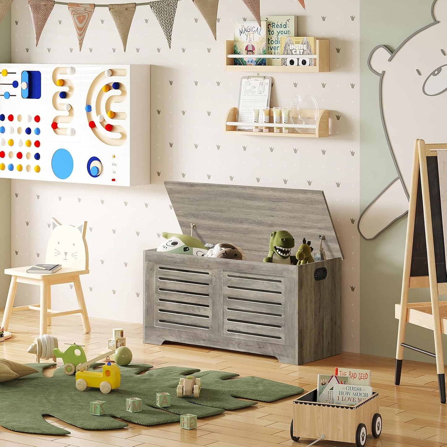 DINZI LVJ Storage Chest, Flip-Top Wooden Toy Box with 2 Safety Hinges, Entryway Shoe Storage Bench, Good Ventilation, Storage Trunk for Living Room, Bedroom, Easy Assembly, Grey Wash