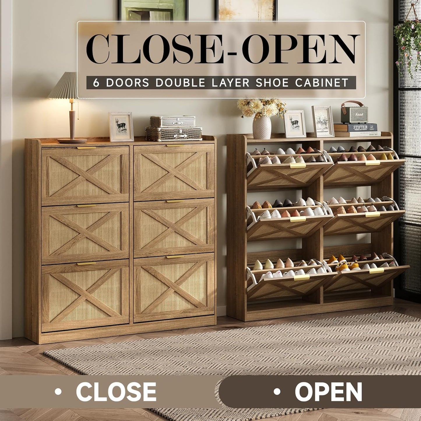 Maupvit Large Shoe Storage Cabinet with 6 Rattan Flip Drawers, Freestanding Organizer with Metal Legs for Entryway, Narrow Shoe Rack Cabinet, Hidden Golden Handles, Rustic Oak Rattan