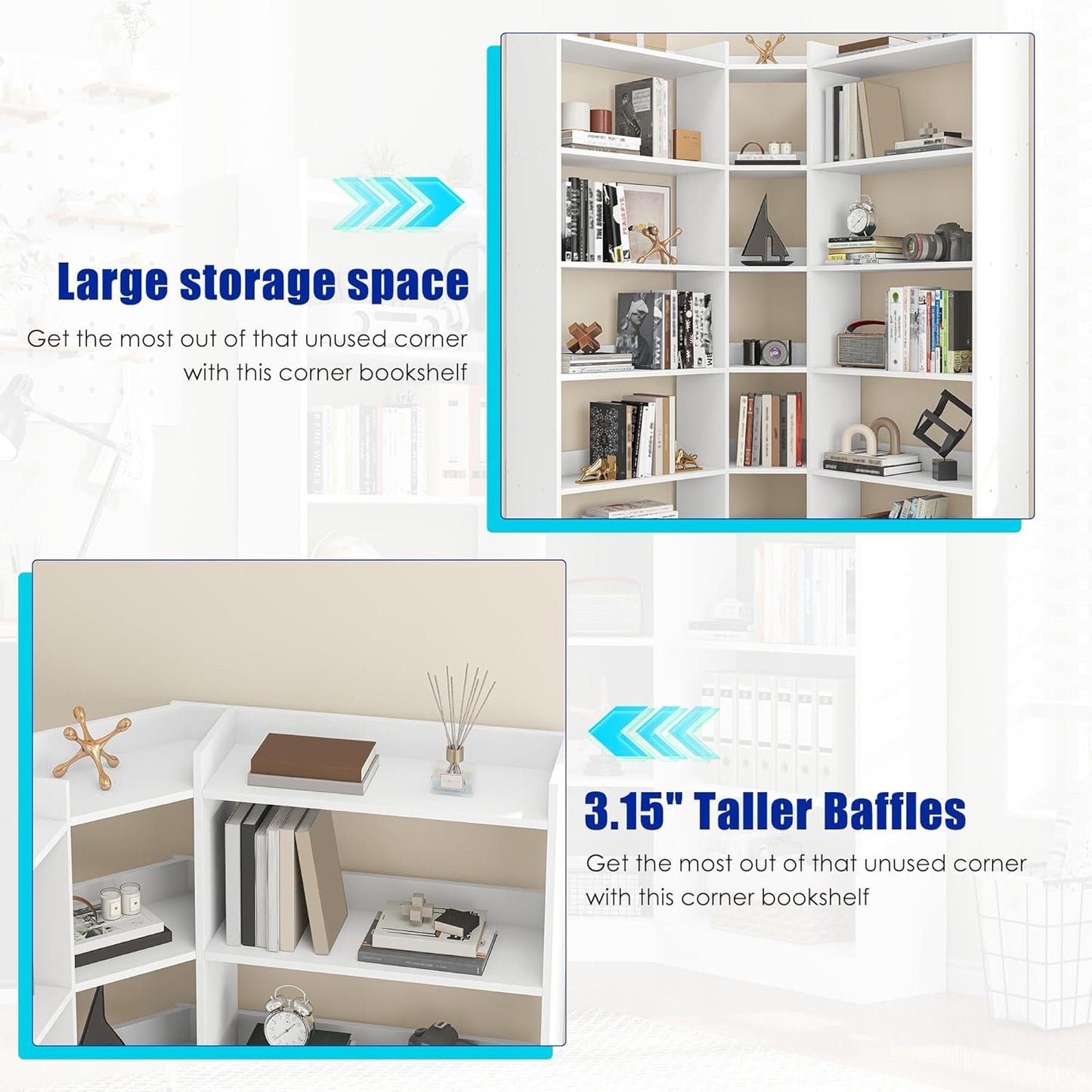 6 Tiers Corner Bookshelf, 63.1" Tall Modern Corner Etagere Bookcase Storage Display Rack Book Shelf with Baffle, Industrial L Shaped Bookshelves for Bedroom, Home Office, Living Room, White