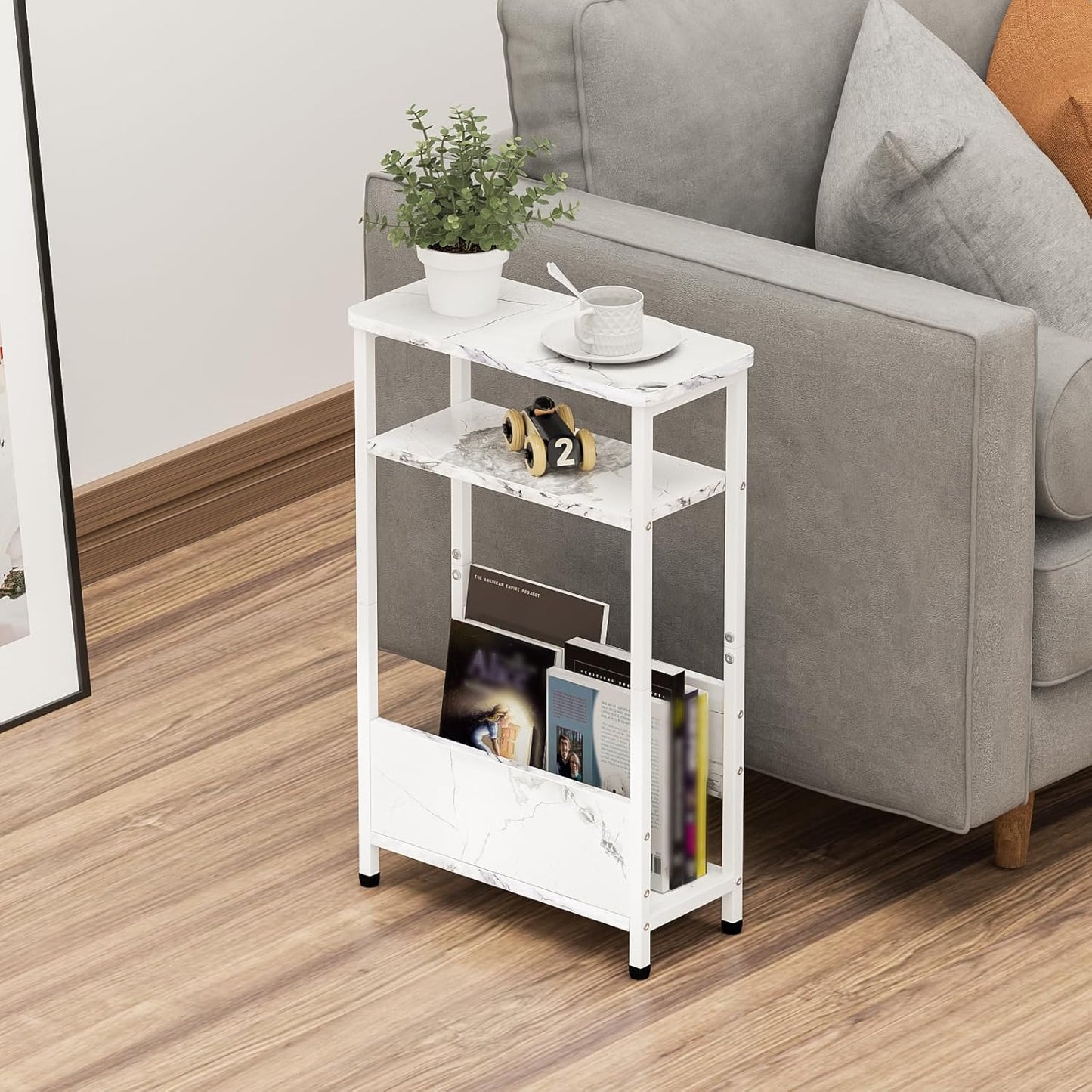 7.1" Narrow Side Table for Small Spaces, 3 Tier Small End Table with Magazine Holder, Slim/Skinny Nightstand/Bedside Table, 15.4" L x 24.2" H, Faux White Marble with White Legs