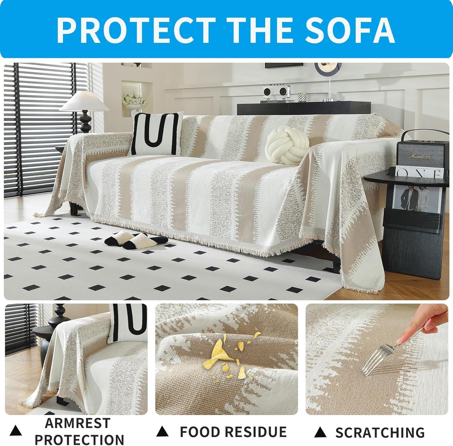 LUFEIJIASHI Boho Couch Covers for Sofa Non Slip Sofa Covers Washable Couch Covers for 3 Cushion Couch Sofa Pet Friendly Sectional Couch Cover Blanket Furniture Protector for Dogs (Khaki, 71"x118")