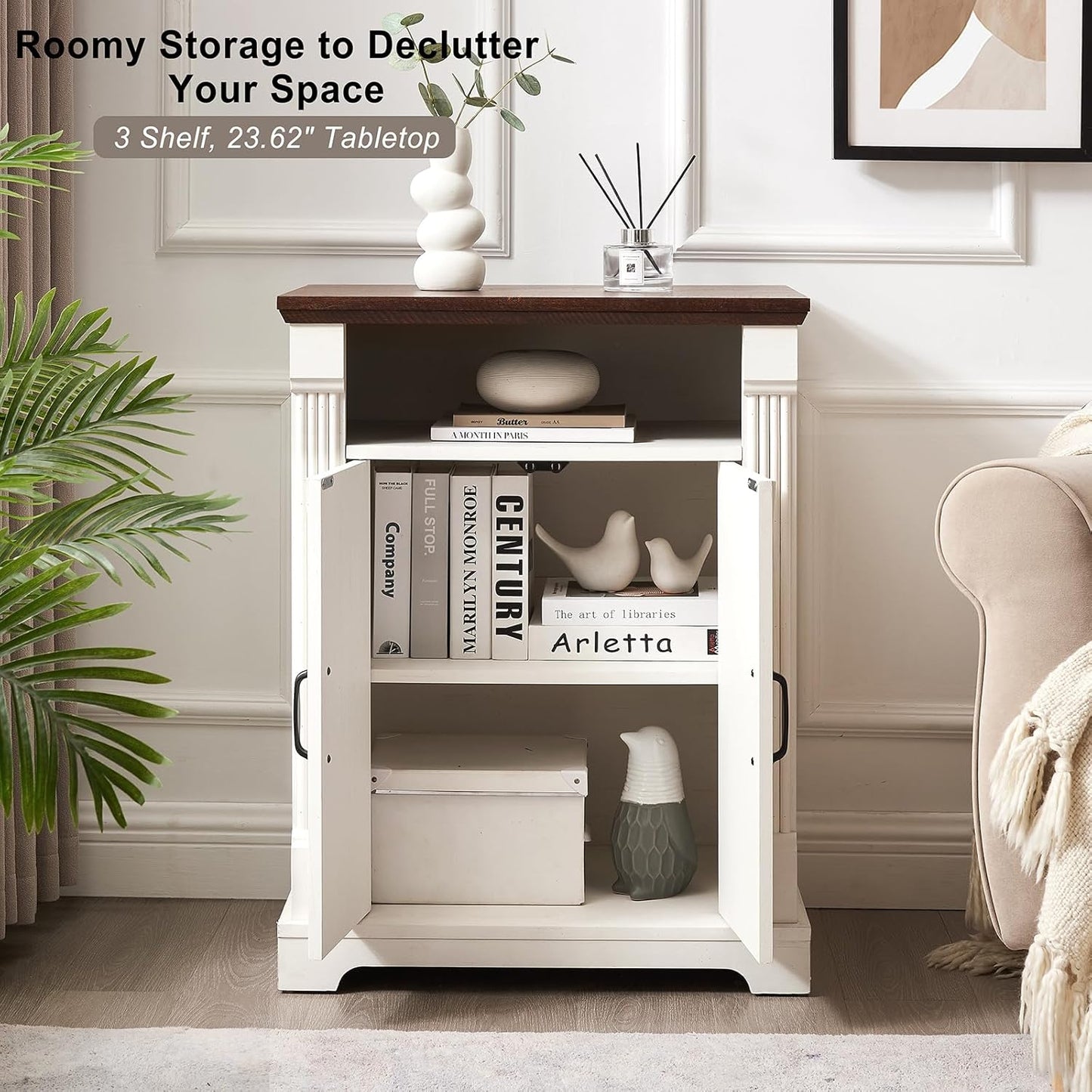 24" Farmhouse Storage Cabinet with Barn Doors, Antique White Freestanding Sideboard Buffet with Adjustable Shelf, Pantry Hutch Coffee Bar for Kitchen Bathroom Living Room - Small Floor Cabinet