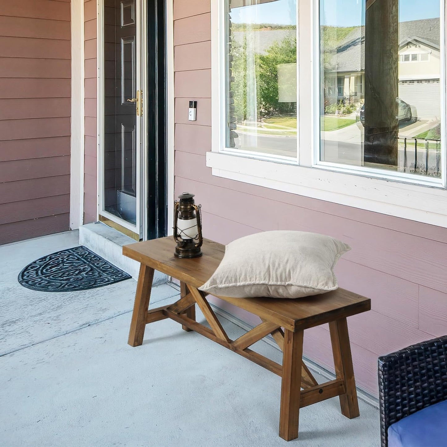 Wnutrees 43" Farmhouse Wood Bench, Rustic Solid Wood Entryway Bench Seat with Double X-Structure for Dining Room, Living Room, Hallway, Structural Stability, Natural