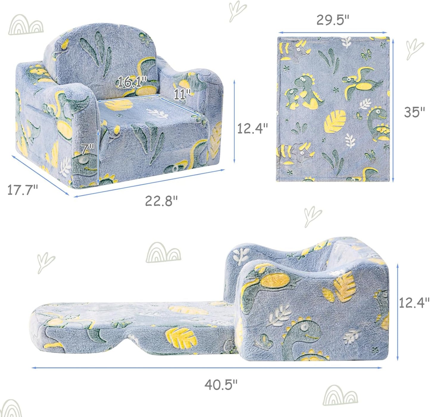 Comfy Toddler Chair and Couch for Kids with Blanket,2-in-1 Soft Plush Fold Out Toddler Couch for Girls and Boys,Convertible Sofa to Lounger for Playroom, Dinosaur