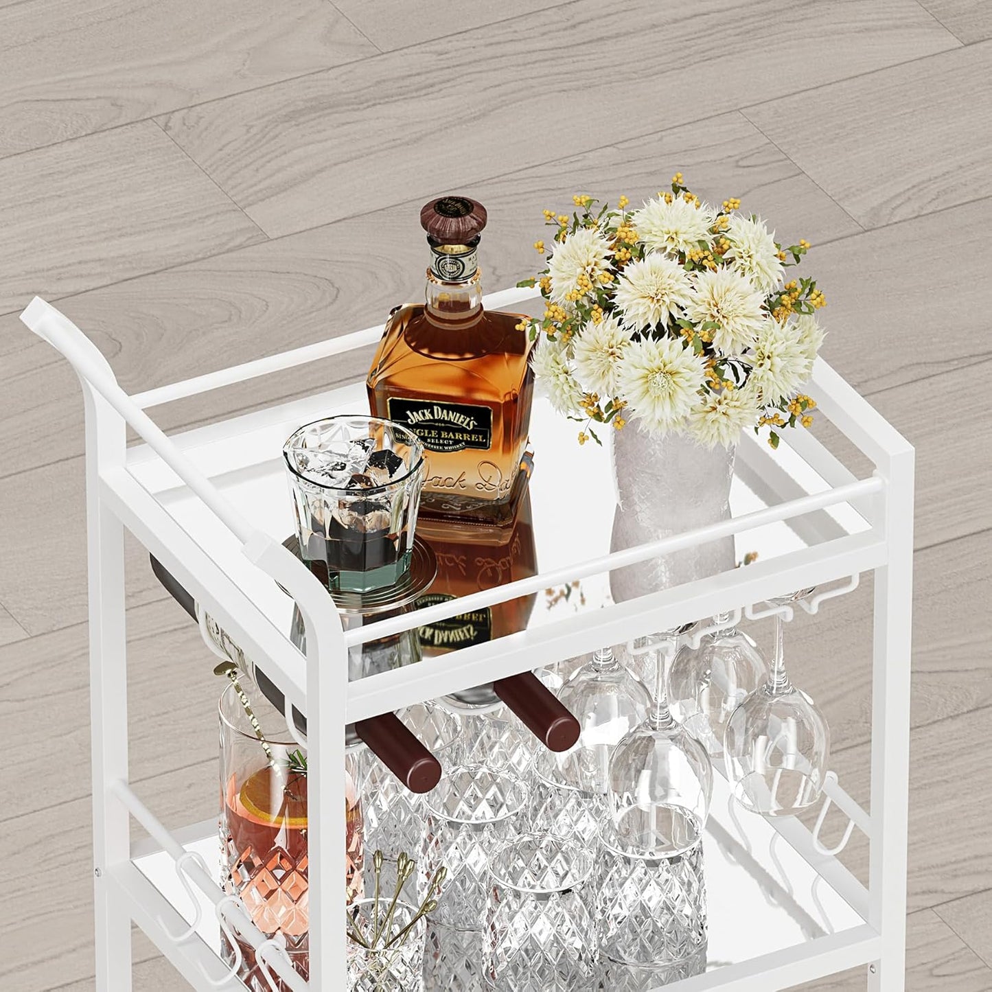 TUTOTAK Bar Cart, Home Bar Serving Cart with 3-Tier Mirrored Shelf, Mobile Kitchen Shelf, Rolling Beverage Cart, White BC01BW034