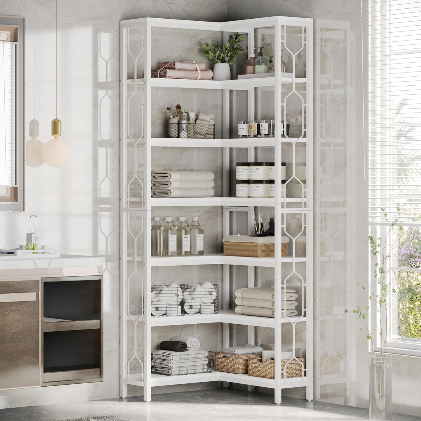 Tribesigns Corner Shelf, 7-Tier Industrial Corner Bookshelf, Wood and Metal Corner Etagere Bookcase, Freestanding Display Shelf for Living Room, Kitchen, Home Office, White