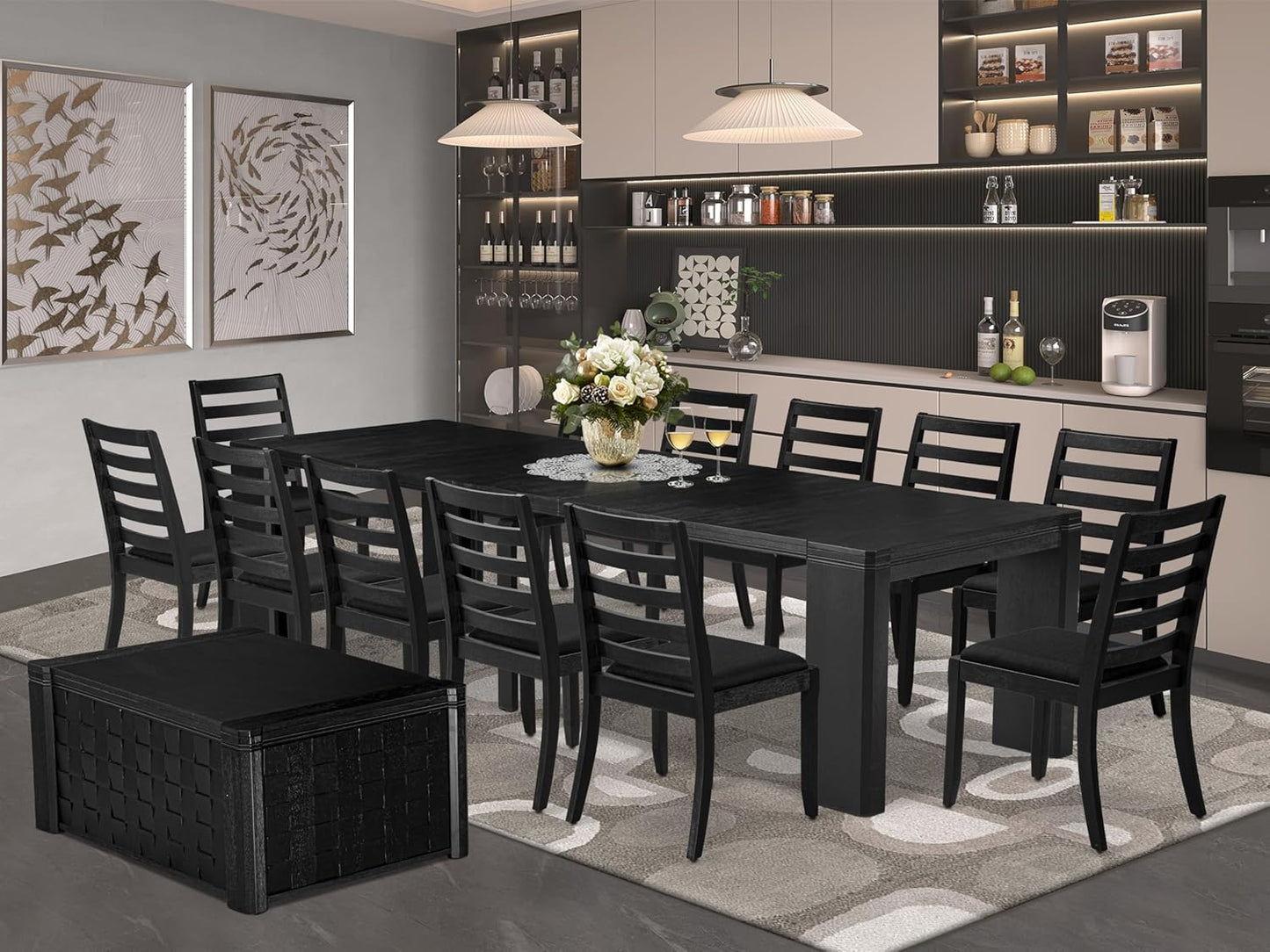 X12X1-0C6-24 14-pc Modern Dining Room Table Set a Rectangular Dining Table with a coffee Table and 12 Black Polyester Stackable Chair, 39x120 Inch, Wire Brushed Black