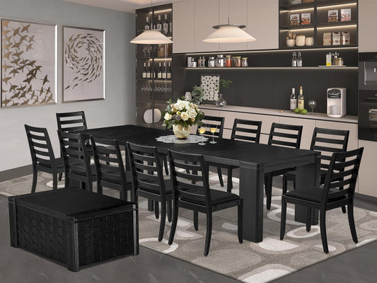 X12X1-0C6-24 14-pc Modern Dining Room Table Set a Rectangular Dining Table with a coffee Table and 12 Black Polyester Stackable Chair, 39x120 Inch, Wire Brushed Black