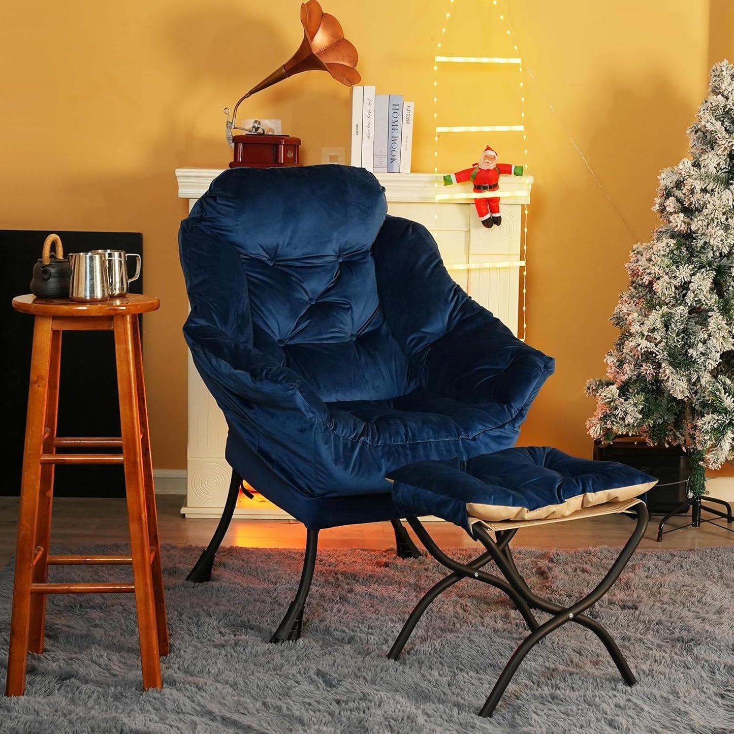 Lazy Chair with Folding Ottoman,Living Room Chairs, Accent Contemporary Lounge Chair, Single Steel Frame Leisure Sofa Chair with Armrests and A Side Pocket (Blue)