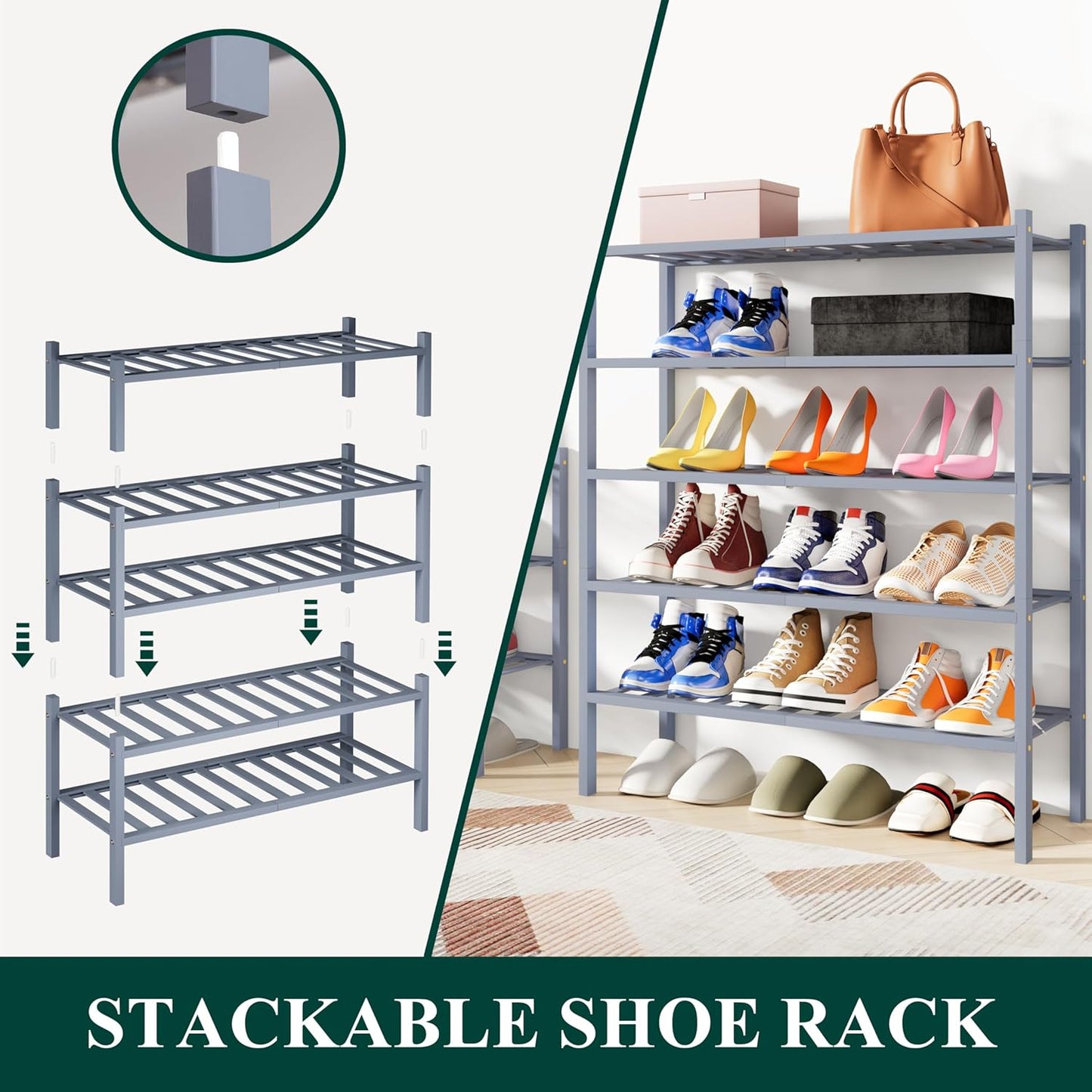 Smiry Shoe Rack, 4 Tier Bamboo Shoe Organizer, Stackable Free Standing Wooden Shoe Storage Shelf for Closet, Entryway, Front Door Entrance, Grey