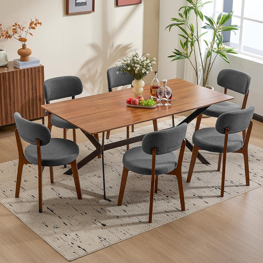 Furniliving Wooden Dining Chairs Set of 6, Mid-Century Modern Linen Upholstered Kitchen Chair with Solid Oak Wood, Farmhouse Dining Room Chairs, Grey