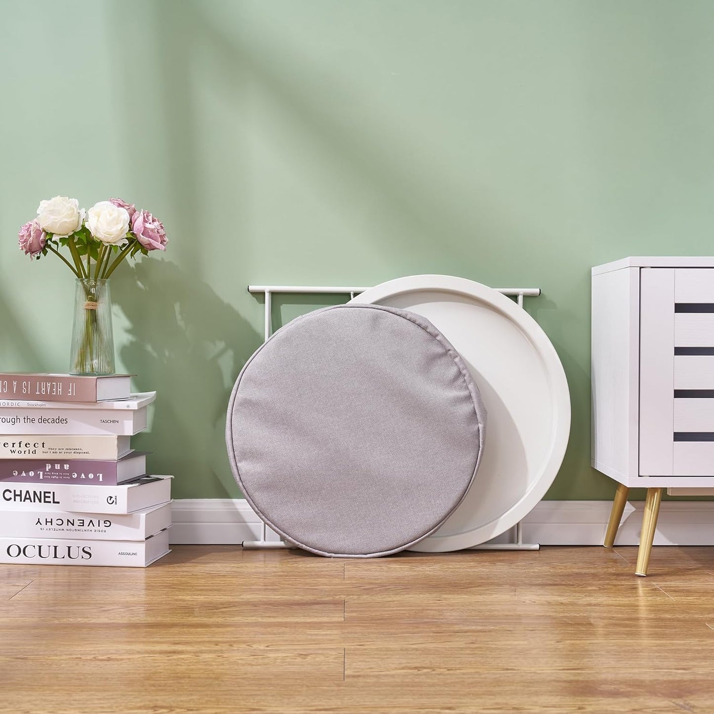 VECELO Round Side/End Table with Fabric Storage Basket，Metal Anti-Rust and Waterproof Small Bedside Nightstand with Removable Tray Top for Living Room，Balcony & Laundry，Beige/1pcs with Basket