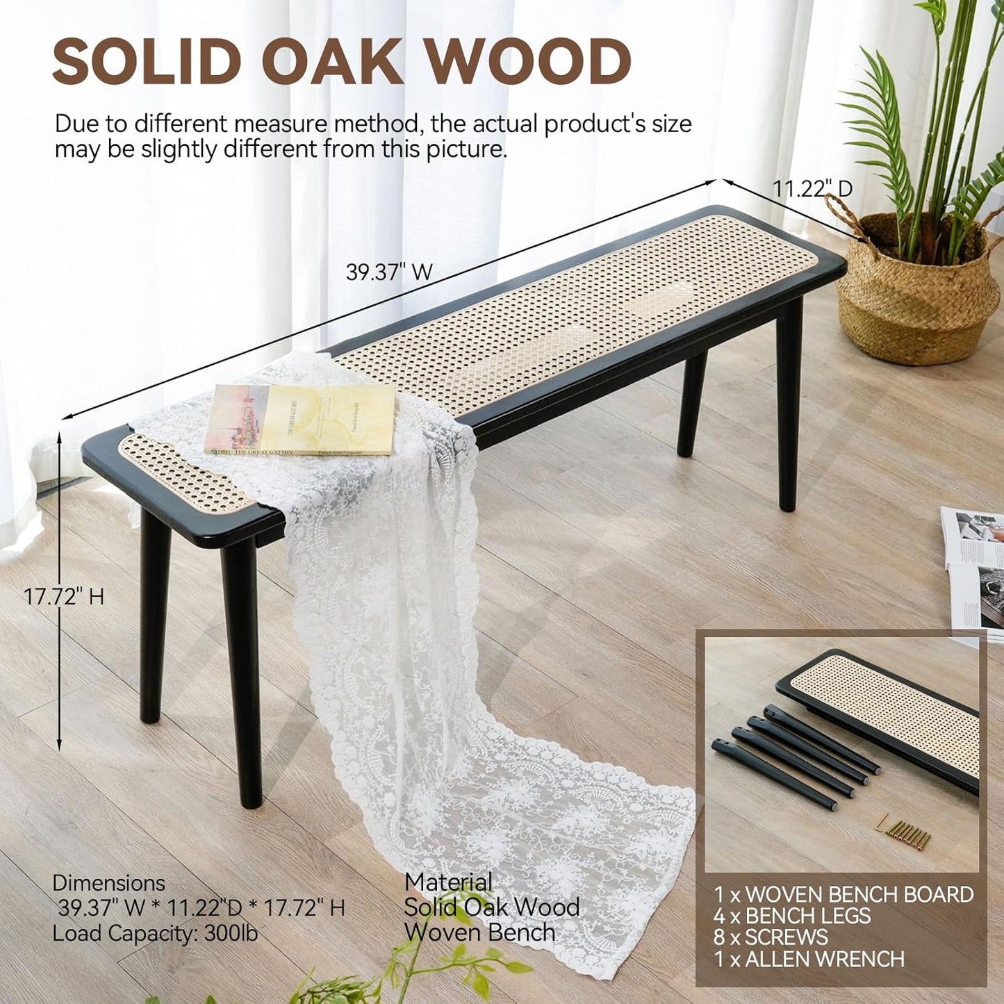 Entryway Bench, Solid Wood Kitchen Dining Bench, Mid Century Modern End of Bed Bench with Rattan Woven Top for Bedroom, Dining Room, Entry Way, 39.4" L x 11.2" W x 17.7" H, Black