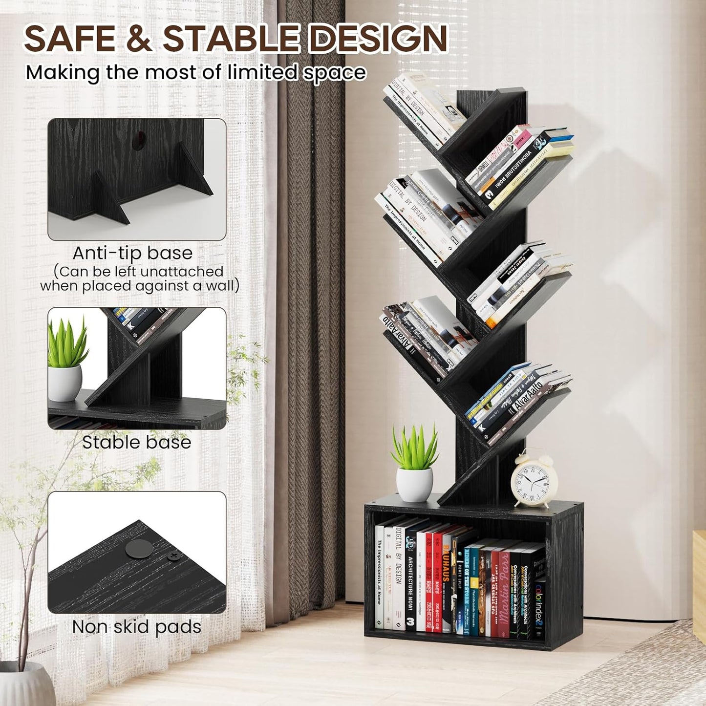 6 Tier Tree Bookshelf, Sturdy Retro Floor Standing Wood Bookcase, Storage Rack for Home Office, Living Room, Bedroom, Reading Spot, Heavy Book Organizer Shelves for CDs/DVDs/Movies, Black