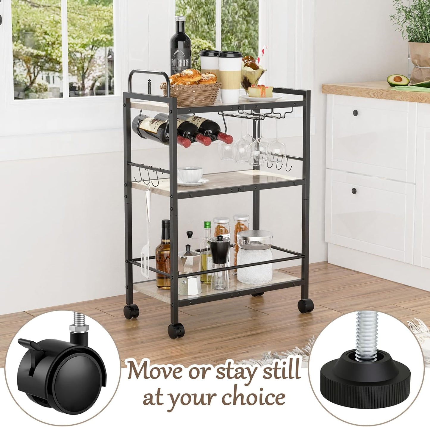 Home Bar Serving Cart, Serving Cart with Wheels and Handle, 3 Tier Rolling Kitchen Cart, MicrowaveCart, Beverage Cart with Wine Holder and Glass Holders, for Dinning Room, Living Room, Kitchen,Greige