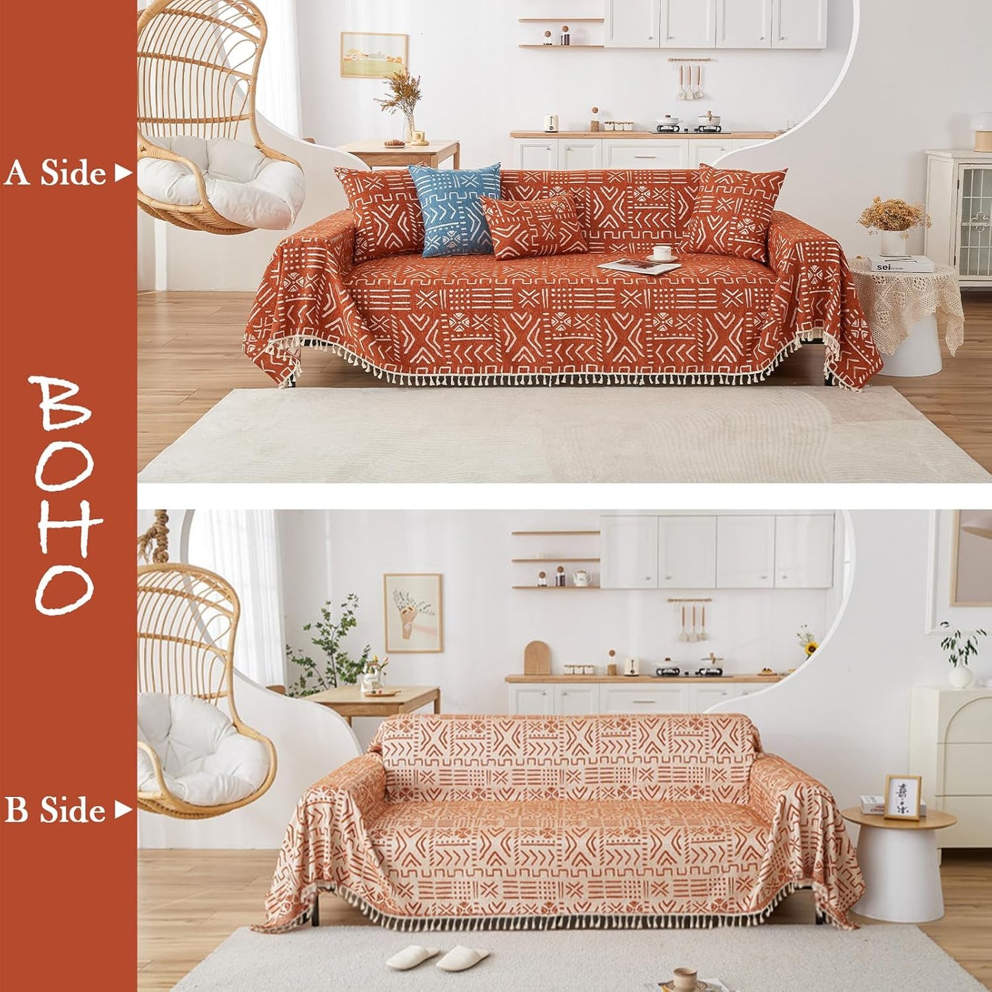 HANDONTIME Boho Aztec Sofa Slipcover for Sofa/Couch Farmhouse Geometric Couch Protector for Dogs with Tassel Brick Orange Couch Covers Sofa Cover for Dogs Cats Kids Bohemian Sofa Décor, 71" X134"
