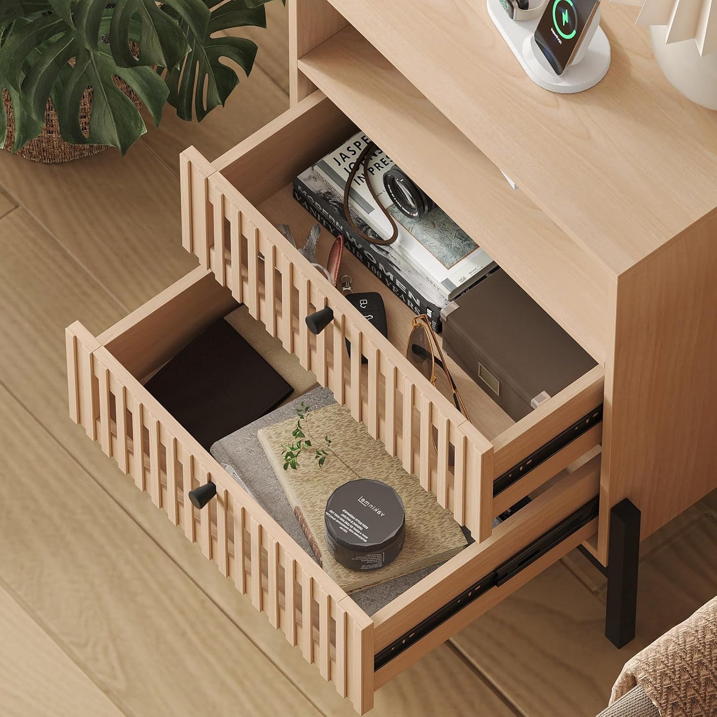 Vabches End Table Industrial Style Nightstand with USB Ports and Outlets, Bedside Table with 1 Open Shelf and 2 Hollowed Drawers for Bedroom, Living Room, Set of 2