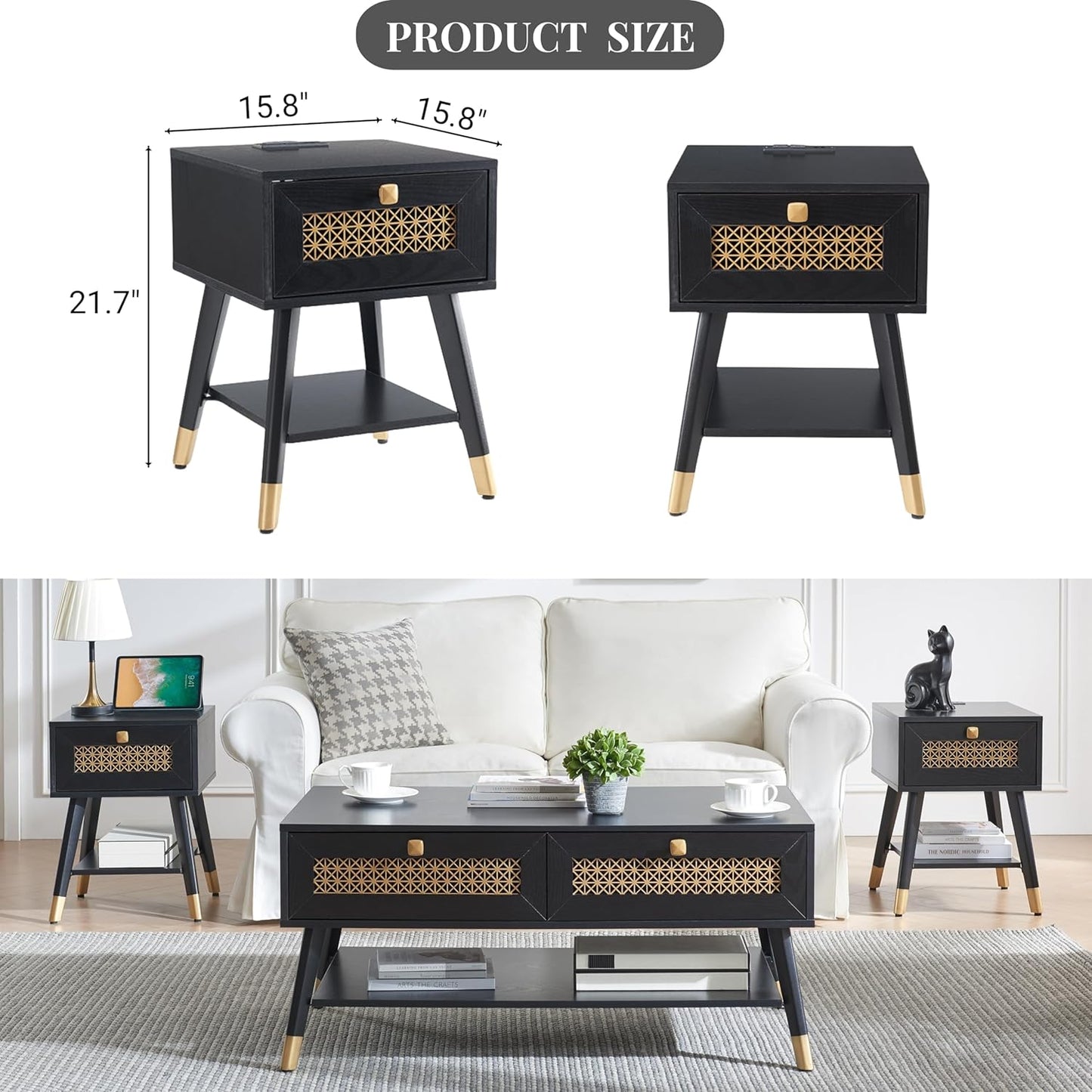 Modern Style Side Table, Small End Table with Drawer and Shelf for Living Room, Square Wooden Nightstand, Black