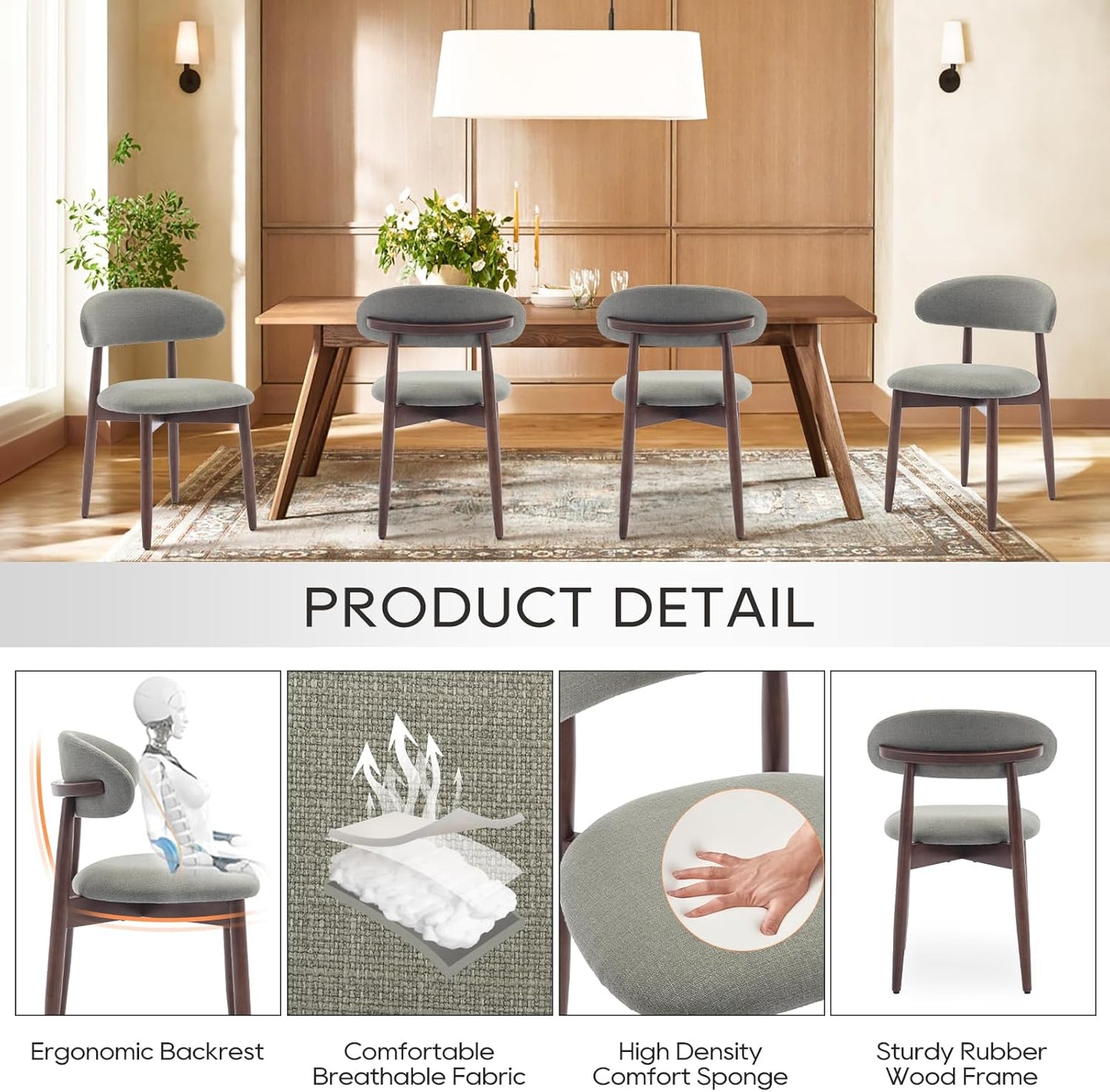 COLAMY Wooden Dining Chairs Set of 2, Modern Fabric Upholstered Kitchen Side Chairs, Farmhouse Dining Room Chair with Foot Pegs, Green