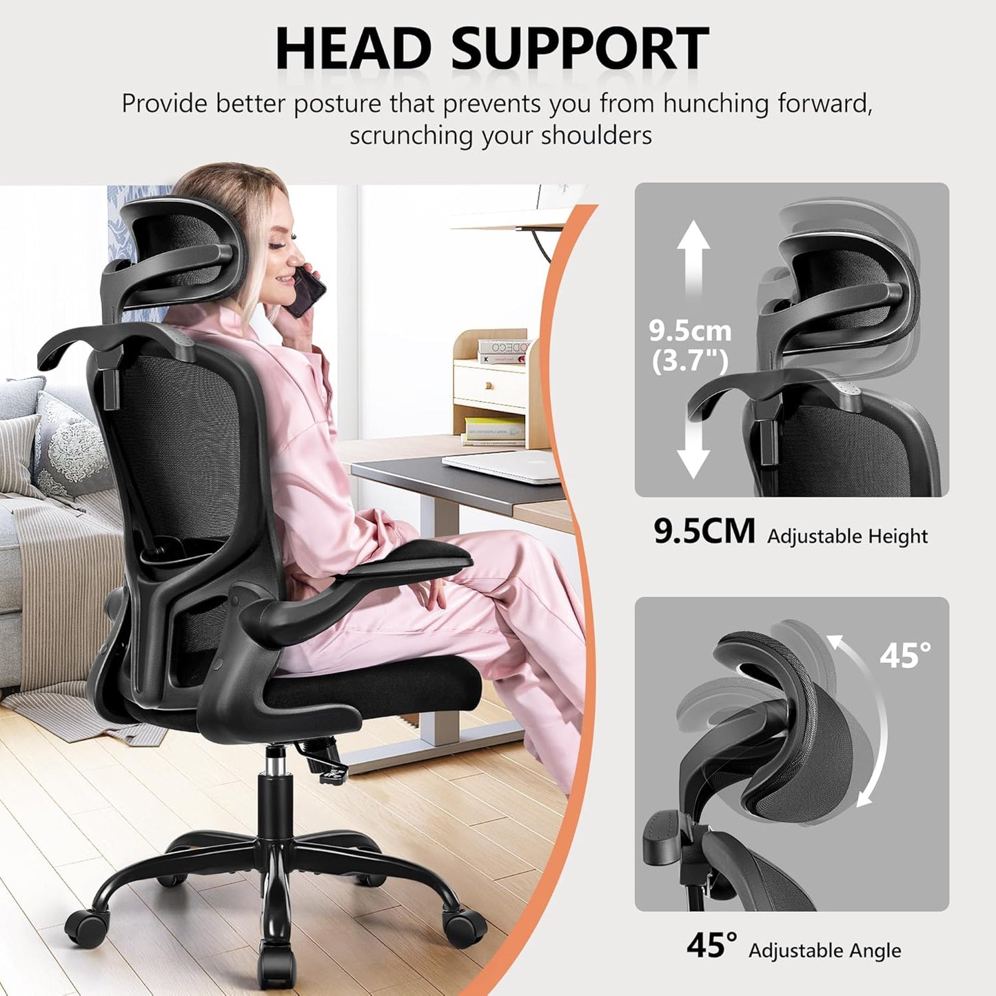 FelixKing Office Chair with Headrest, Ergonomic Desk Chair with Wheels, Task Swivel Comfy Chair with Adjustable Lumbar Support, Breathable Mesh Computer Chair with flip-up Armrests for Home (Black)