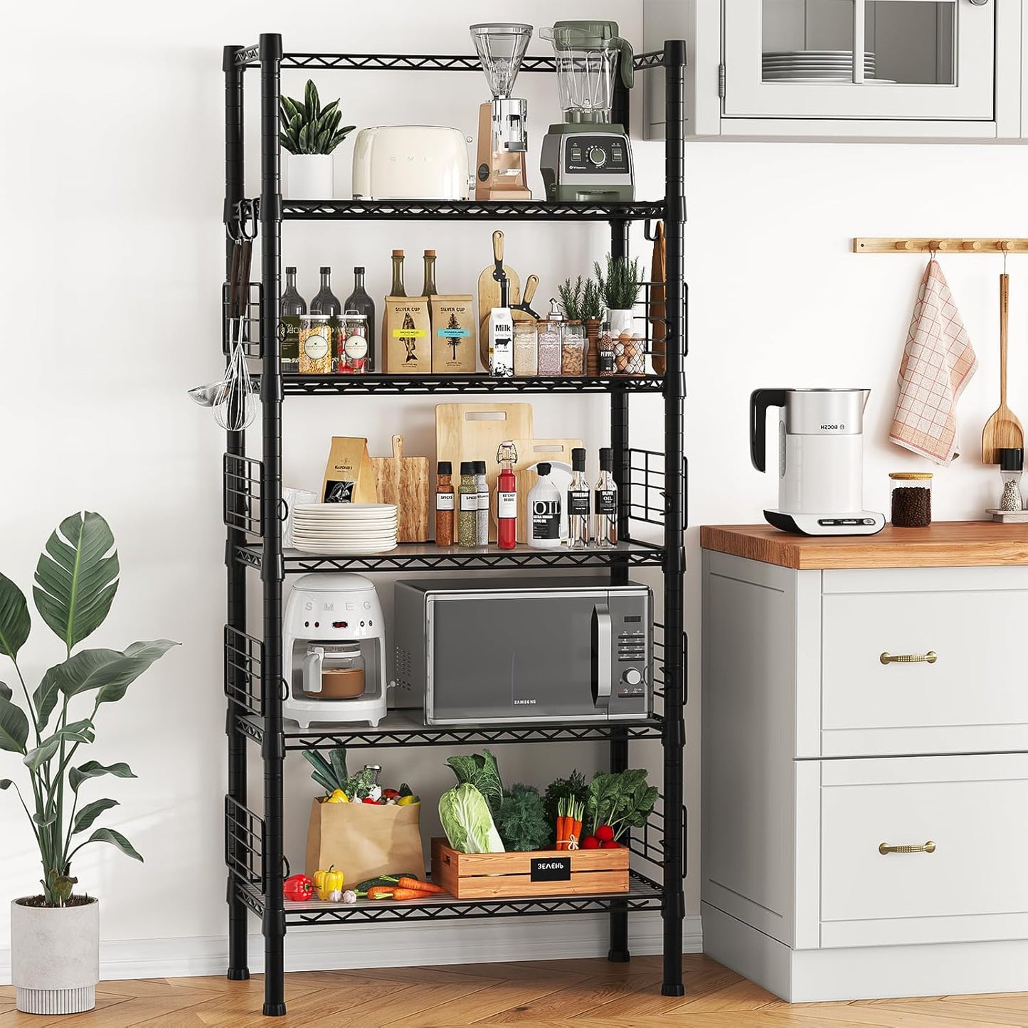 Metal Storage Rack, Storage Organizer Shelves for Kitchen, Bathroom, Living Room, Balcony and Garage, 5 Tiers Narrow Bookshelf, 21.2" W x 9.4" D x 59.2" H, Load 400lbs, Black